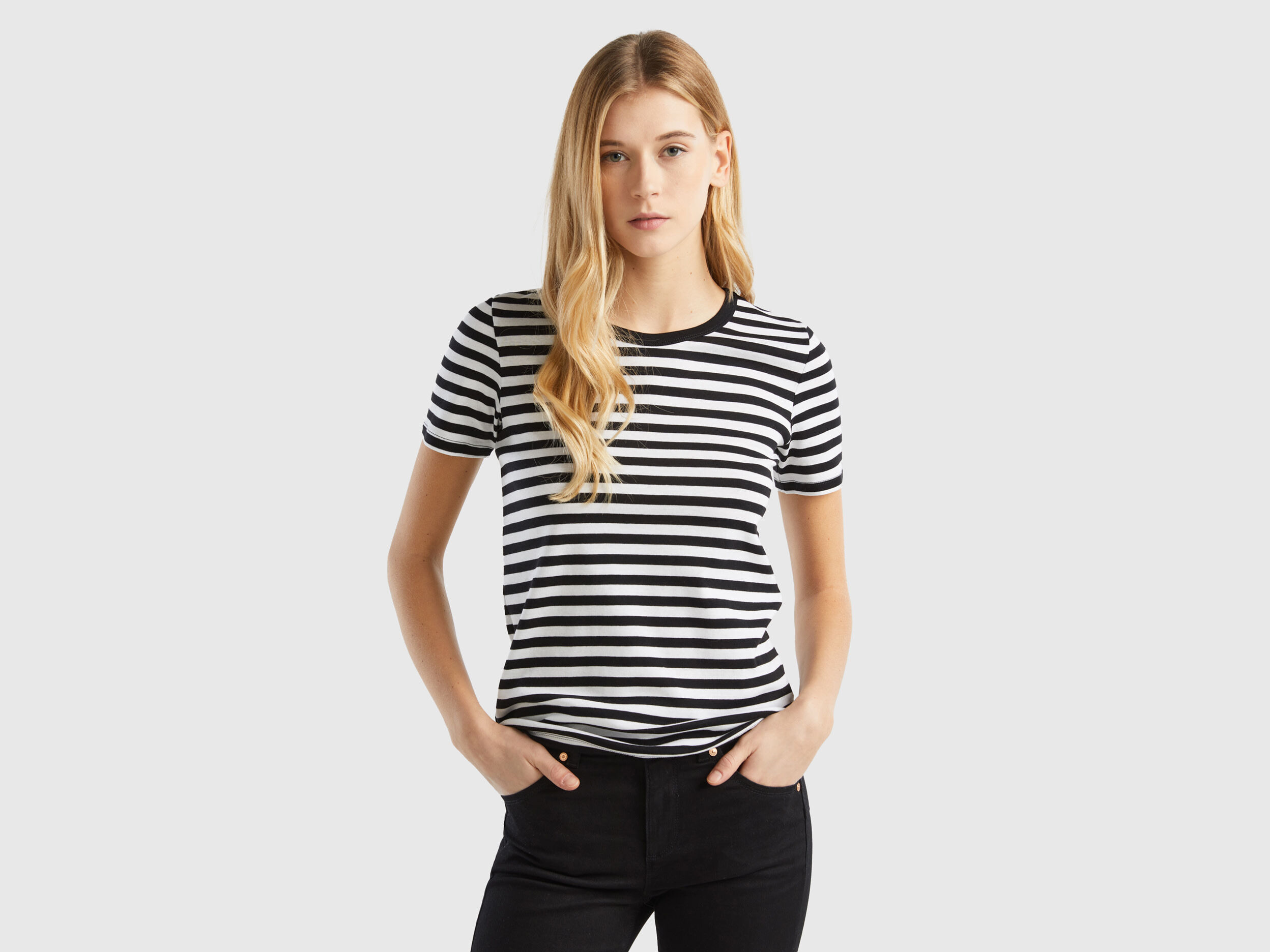 Crew neck striped t shirt Black Benetton
