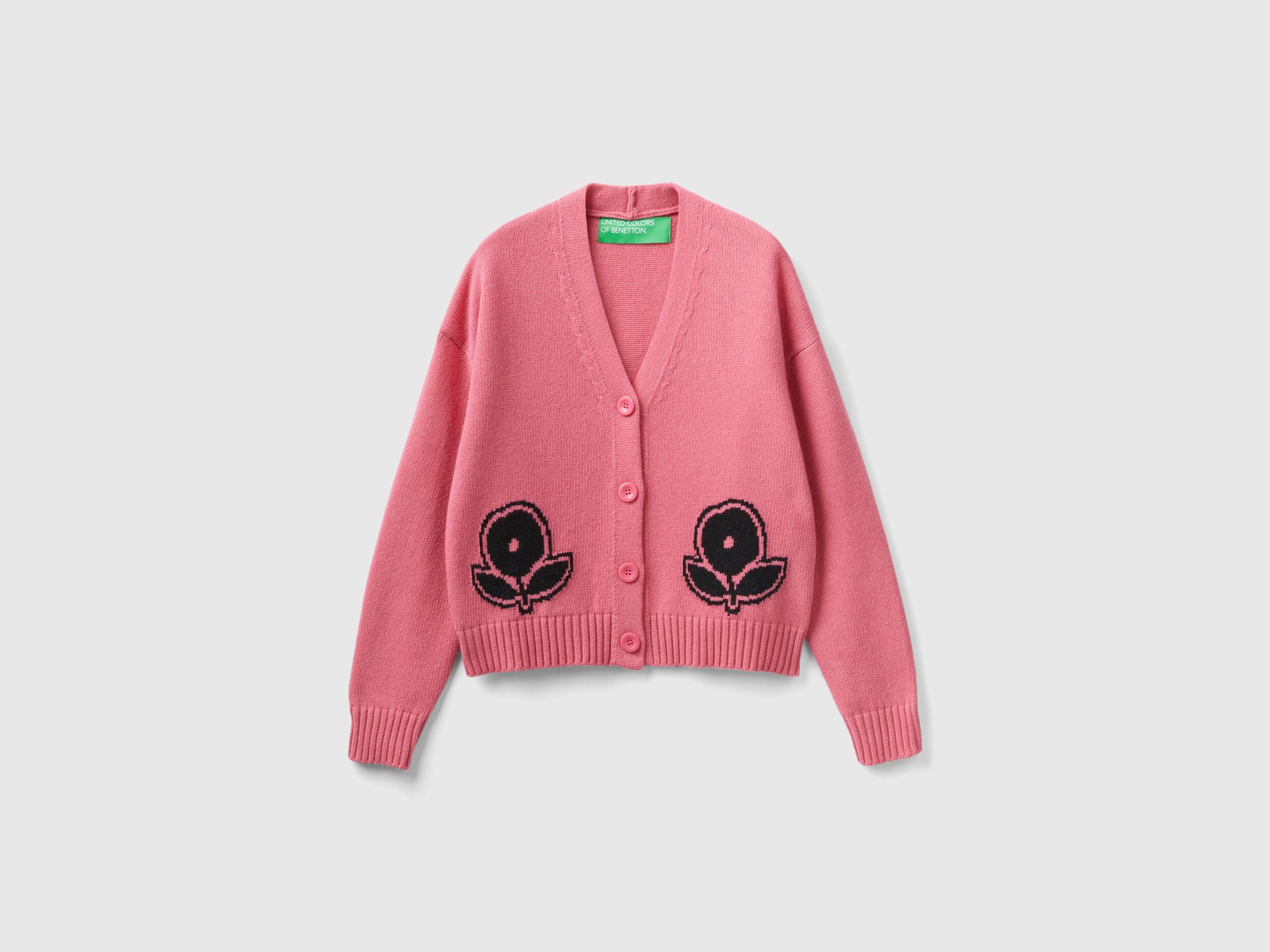 Cardigan with floral inlay Pink Benetton