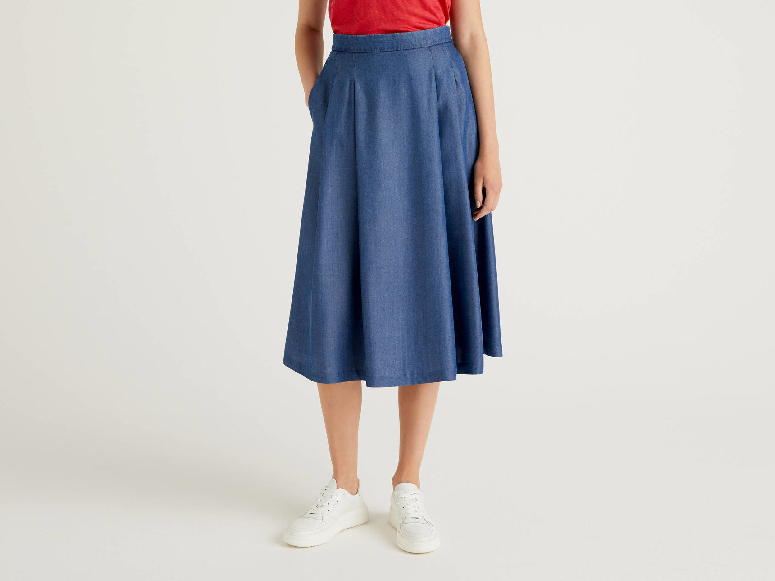 Wide denim look skirt.