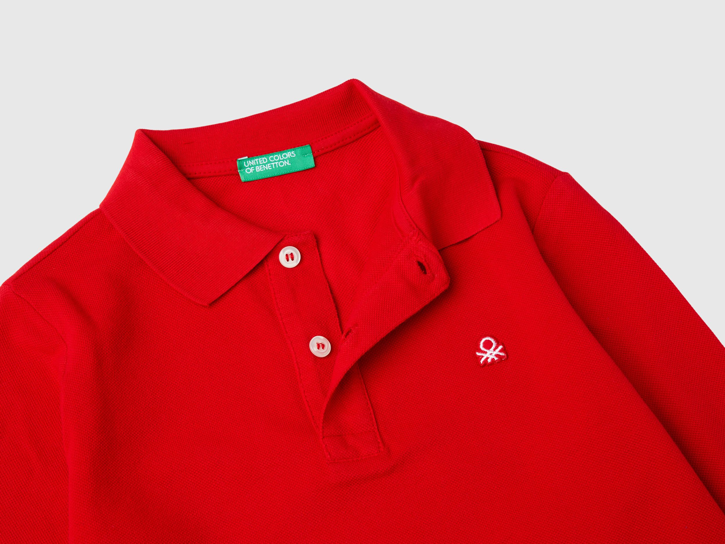 Benetton 100 Organic Cotton Long Sleeve Polo Red Kids