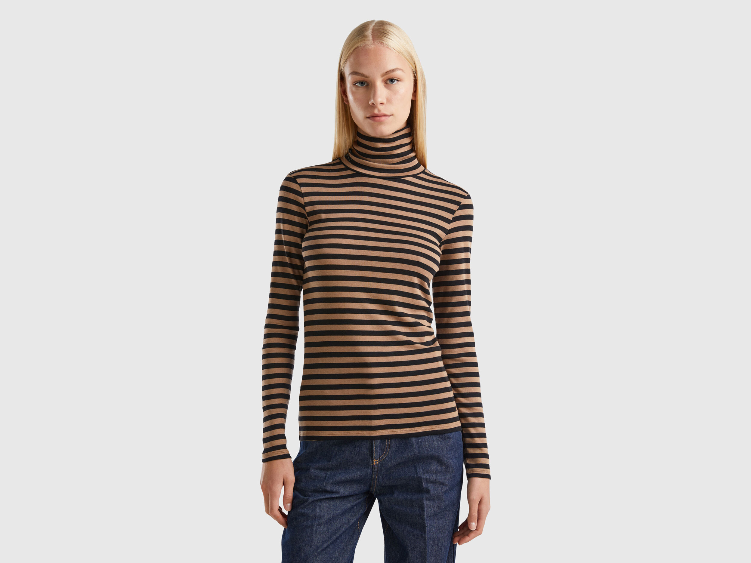 Tan and black striped turtleneck new arrivals