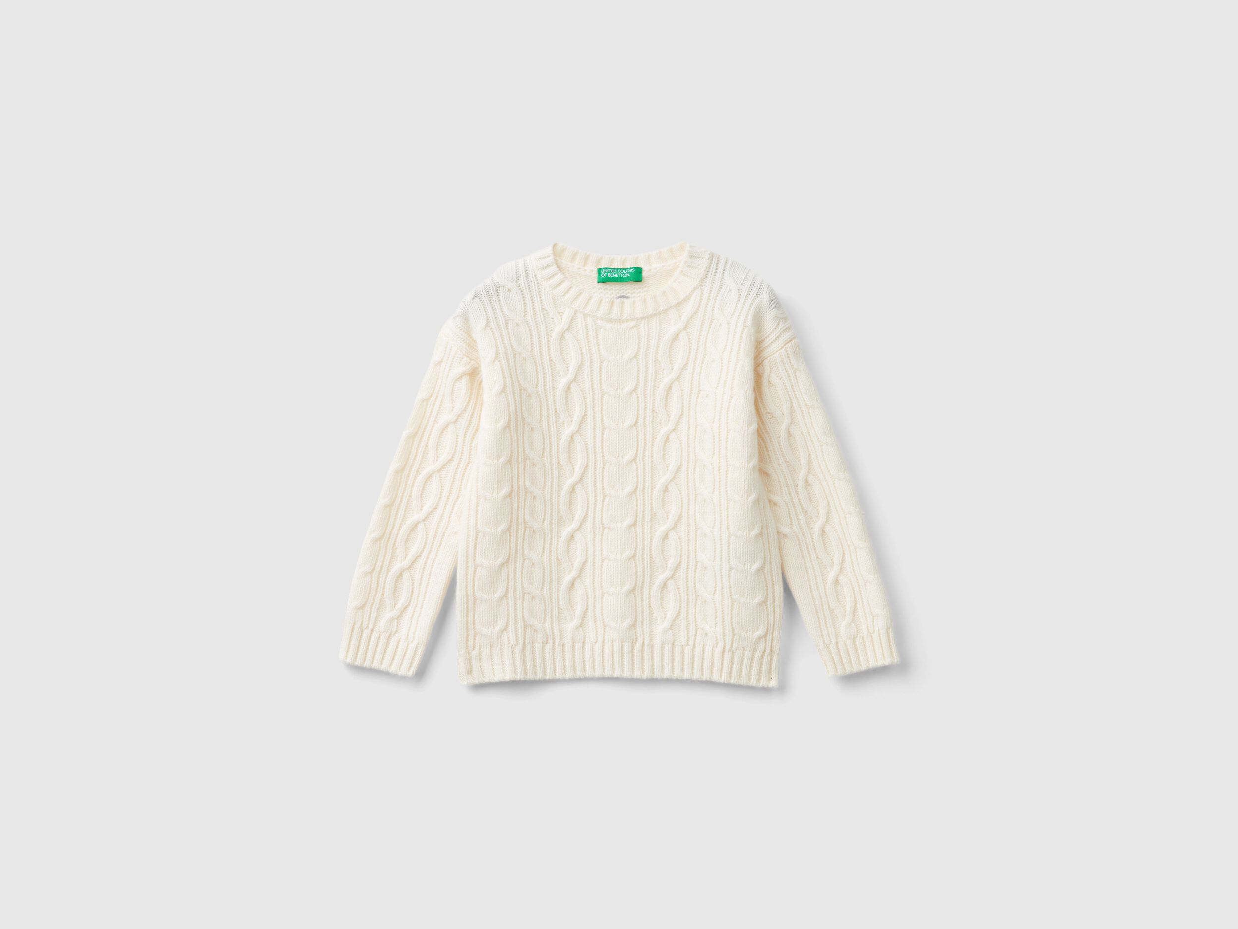 Cable knit sweater in wool blend - Light Gray | Benetton