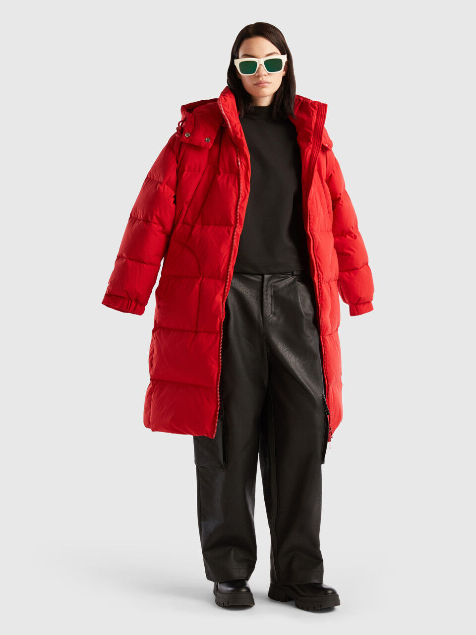 Long padded jacket with removable hood Red Benetton