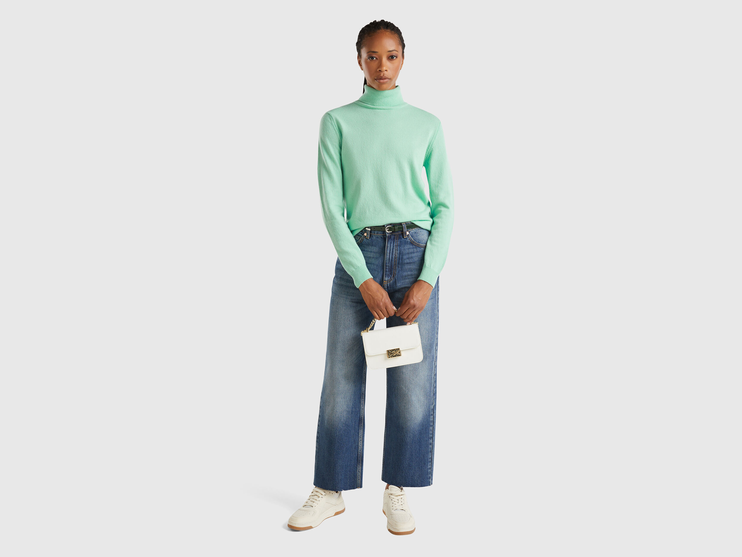 Light teal turtleneck sweater in pure Merino wool Aqua Benetton