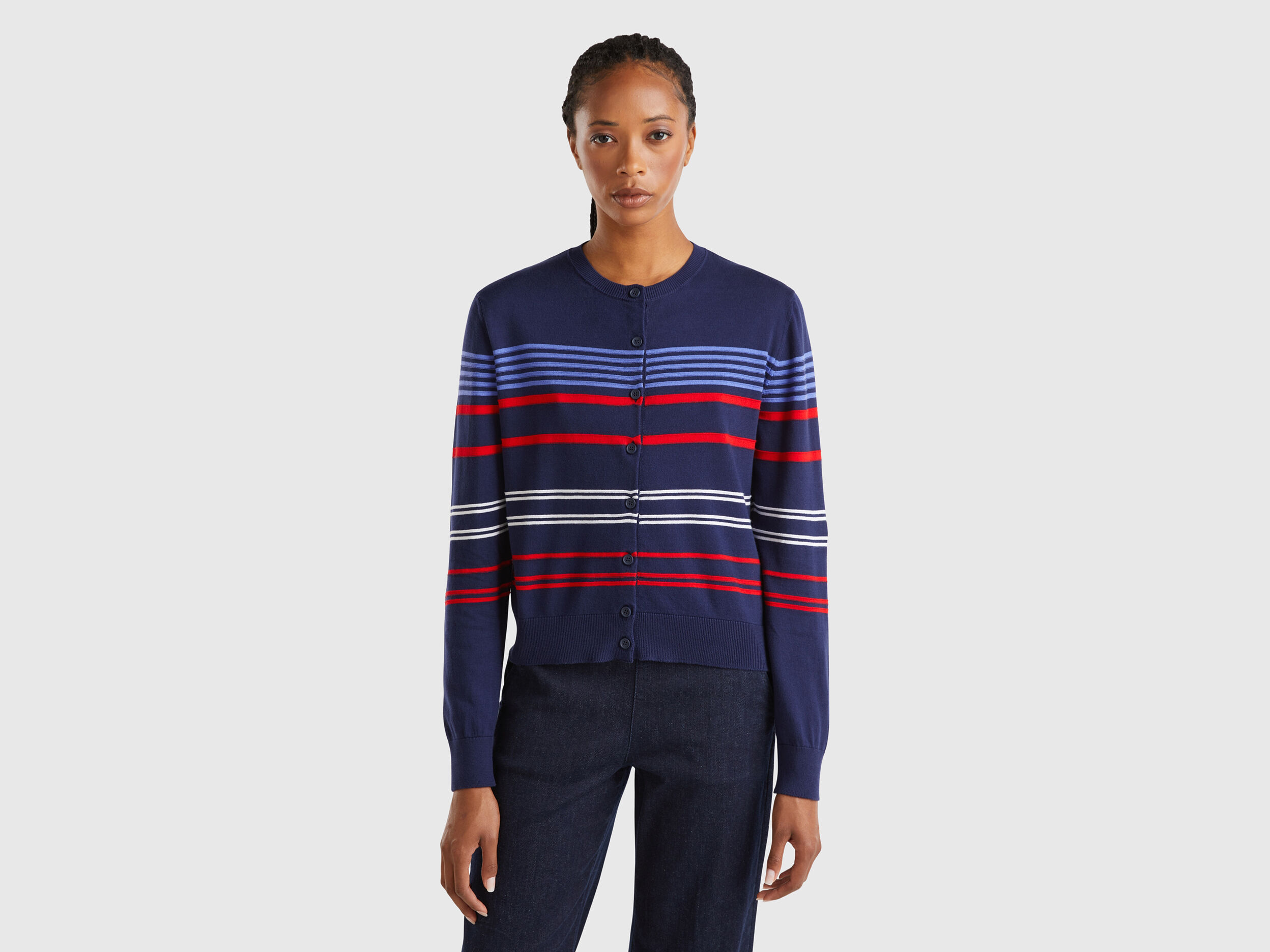 Striped cardigan in pure cotton - Dark Blue | Benetton