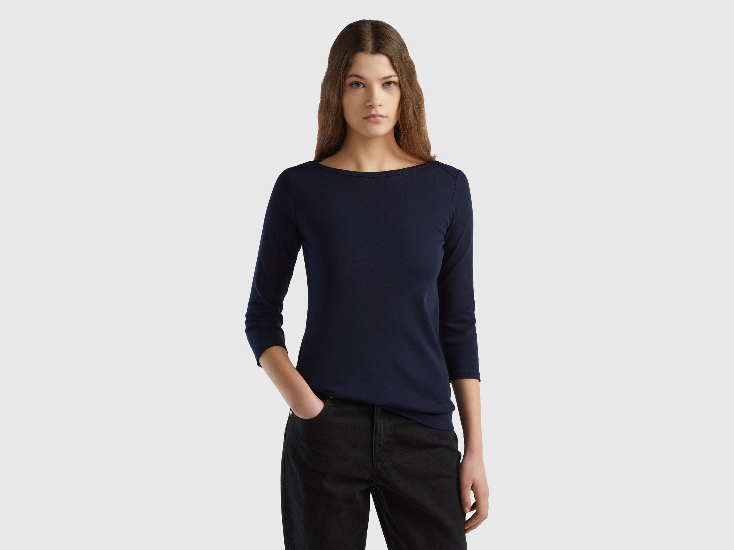 T-shirt with boat neck in 100% cotton - Dark Blue | Benetton