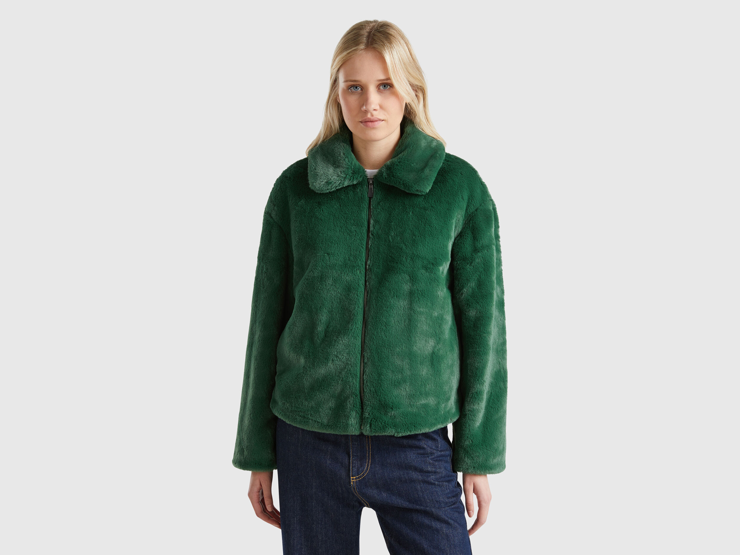 Jacket in faux fur - Dark Green | Benetton