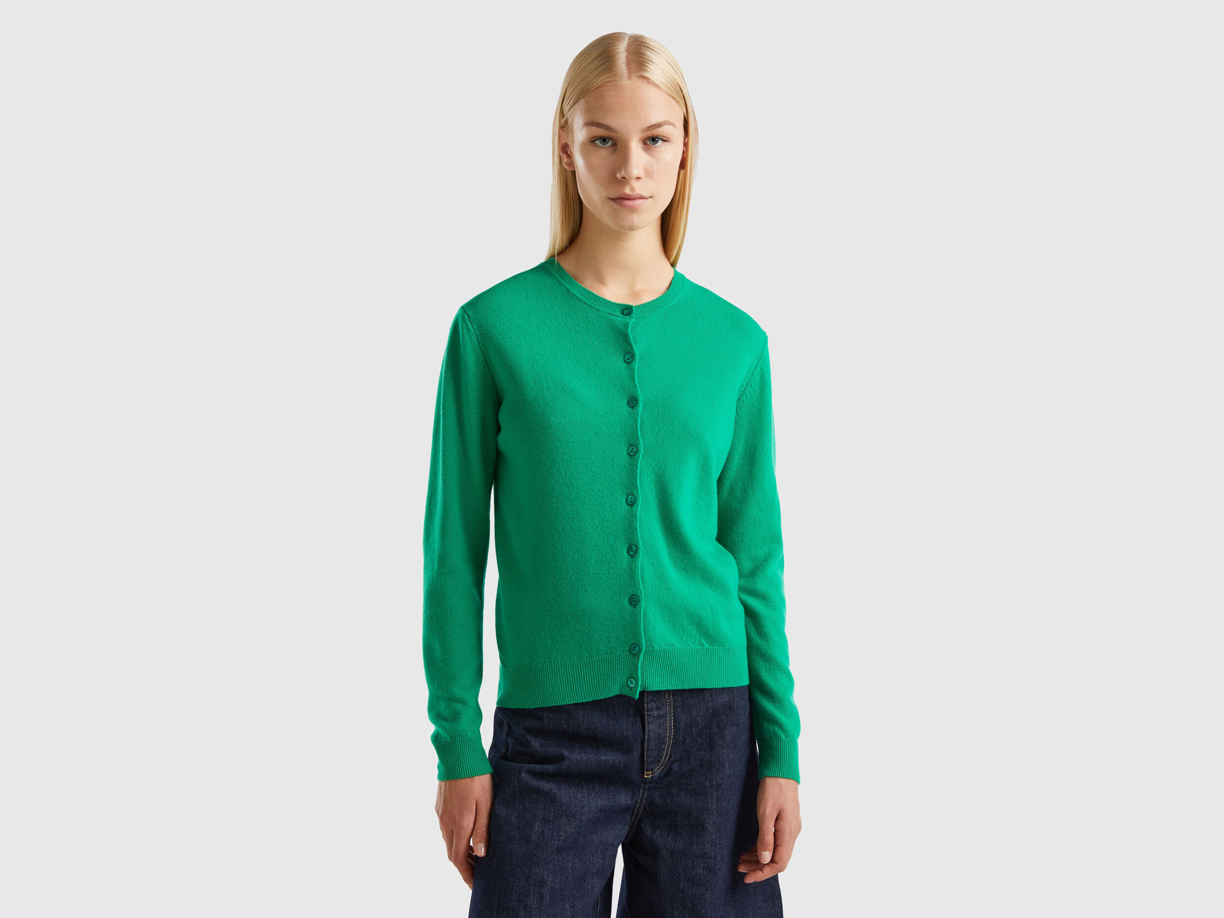 Green crew neck cardigan in pure Merino wool Green Benetton