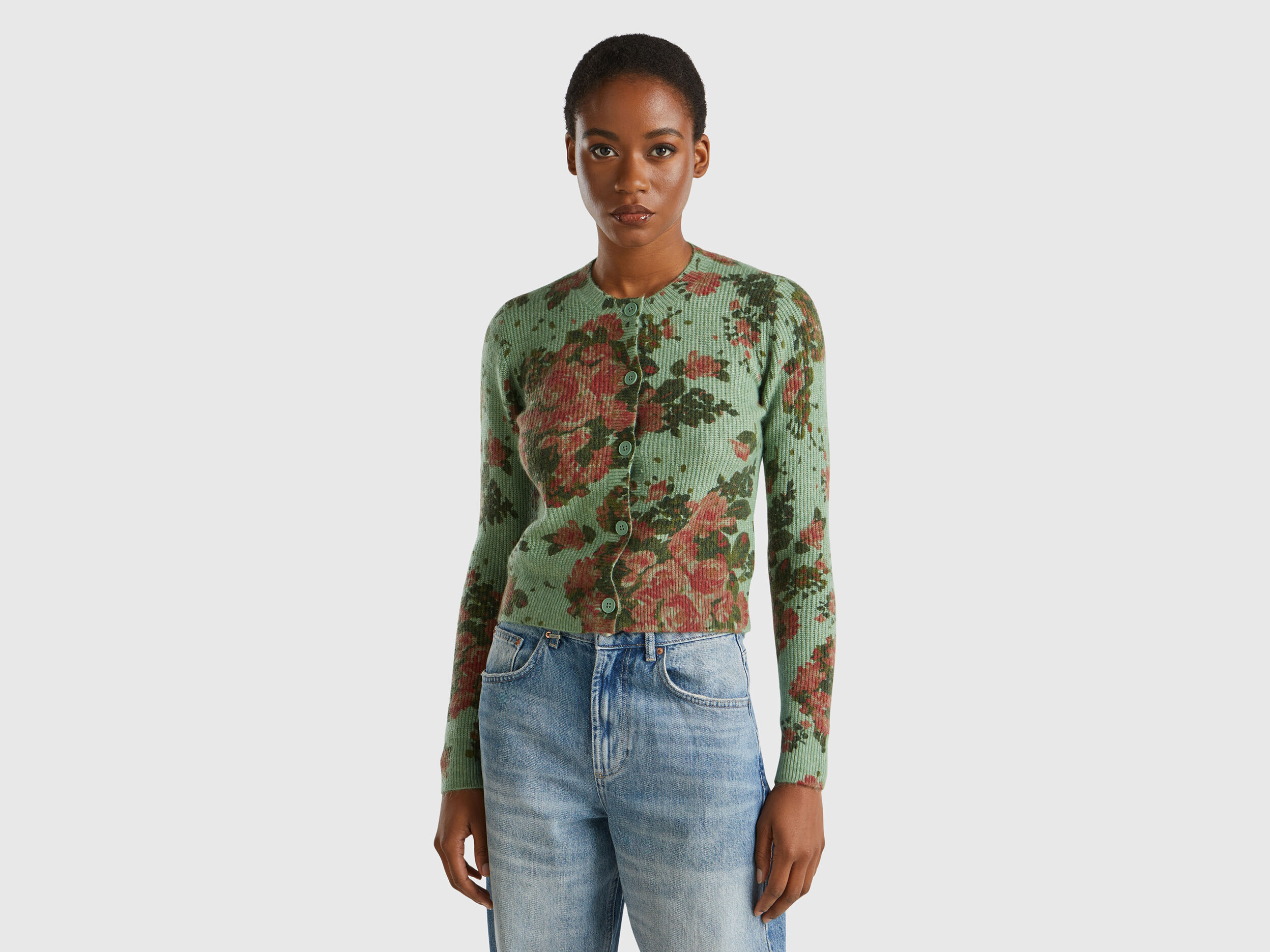 Floral cardigan in recycled yarn Light Green Benetton
