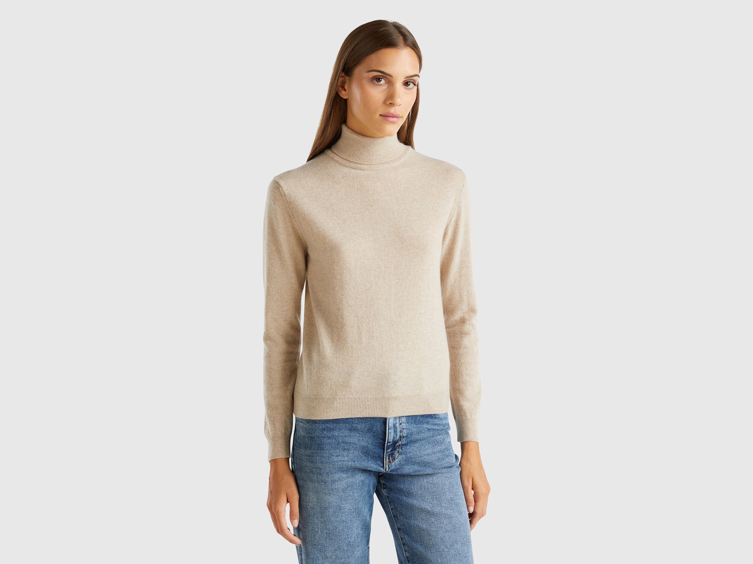 Beige turtleneck sweater in pure Merino wool Beige Benetton