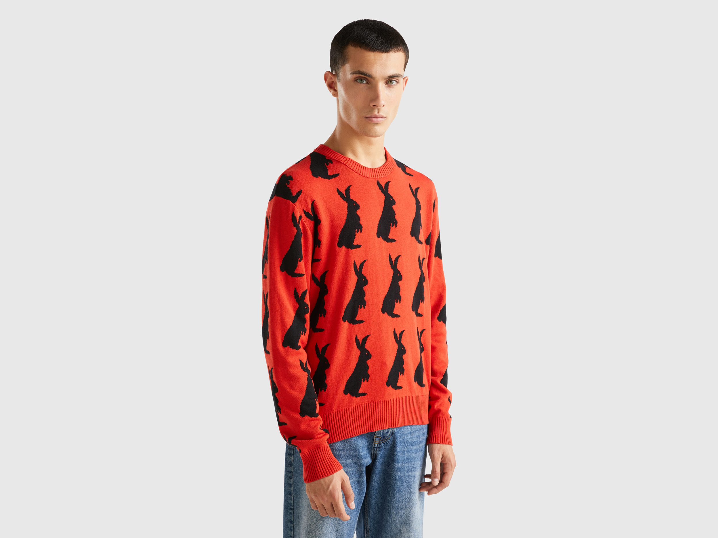 Benetton, Sweater With Bunny Pattern, size M, Red, Men
