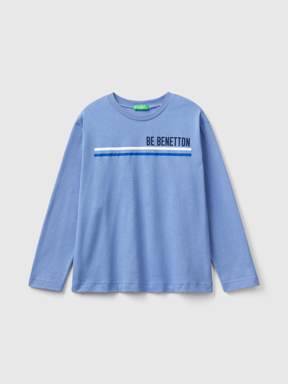 Benetton, T-shirt Mit Langen Ärmeln Aus Bio-baumwolle, Azurblau, male
