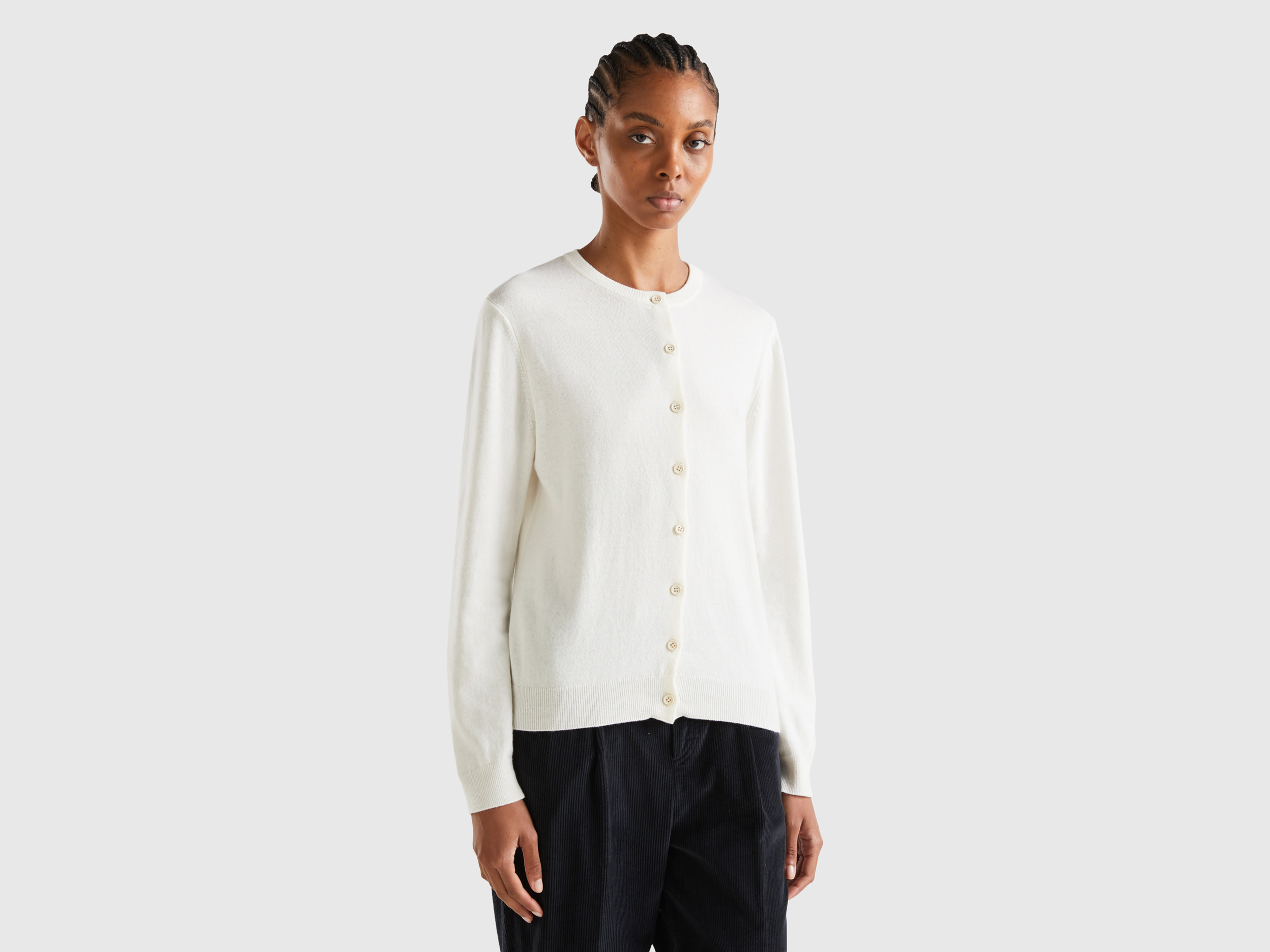 Benetton, Cream White Turtleneck In Cashmere And Wool Blend, size XL, Creamy White, Women