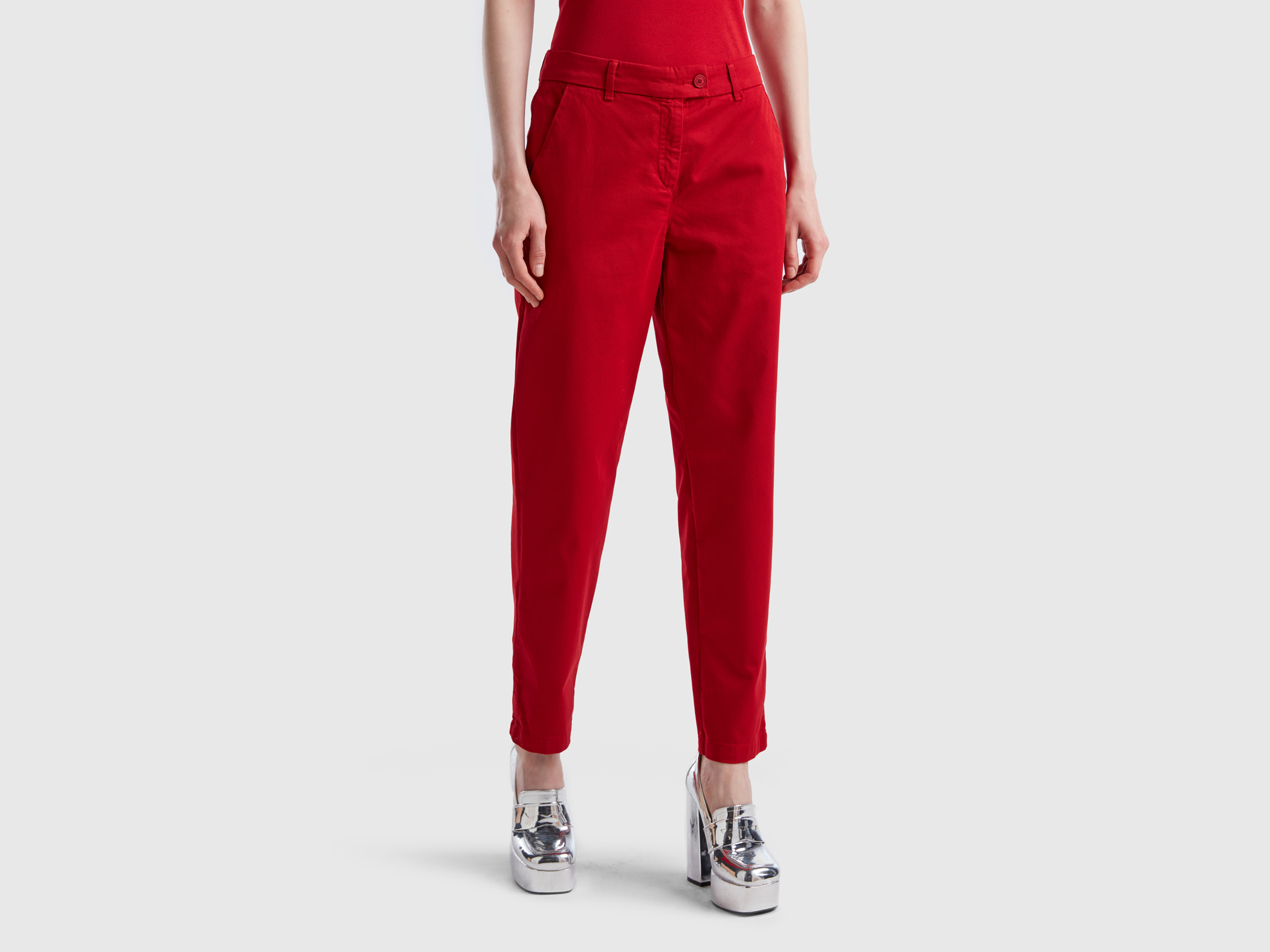 Benetton, Stretch Cotton Chino Trousers, size 6, Red, Women