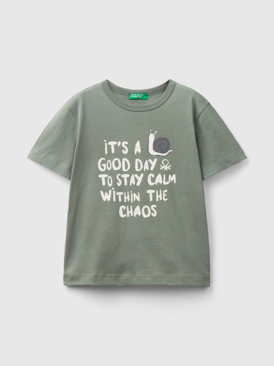 Benetton, T-shirt In Organic Cotton With Print, Military Green, Kids