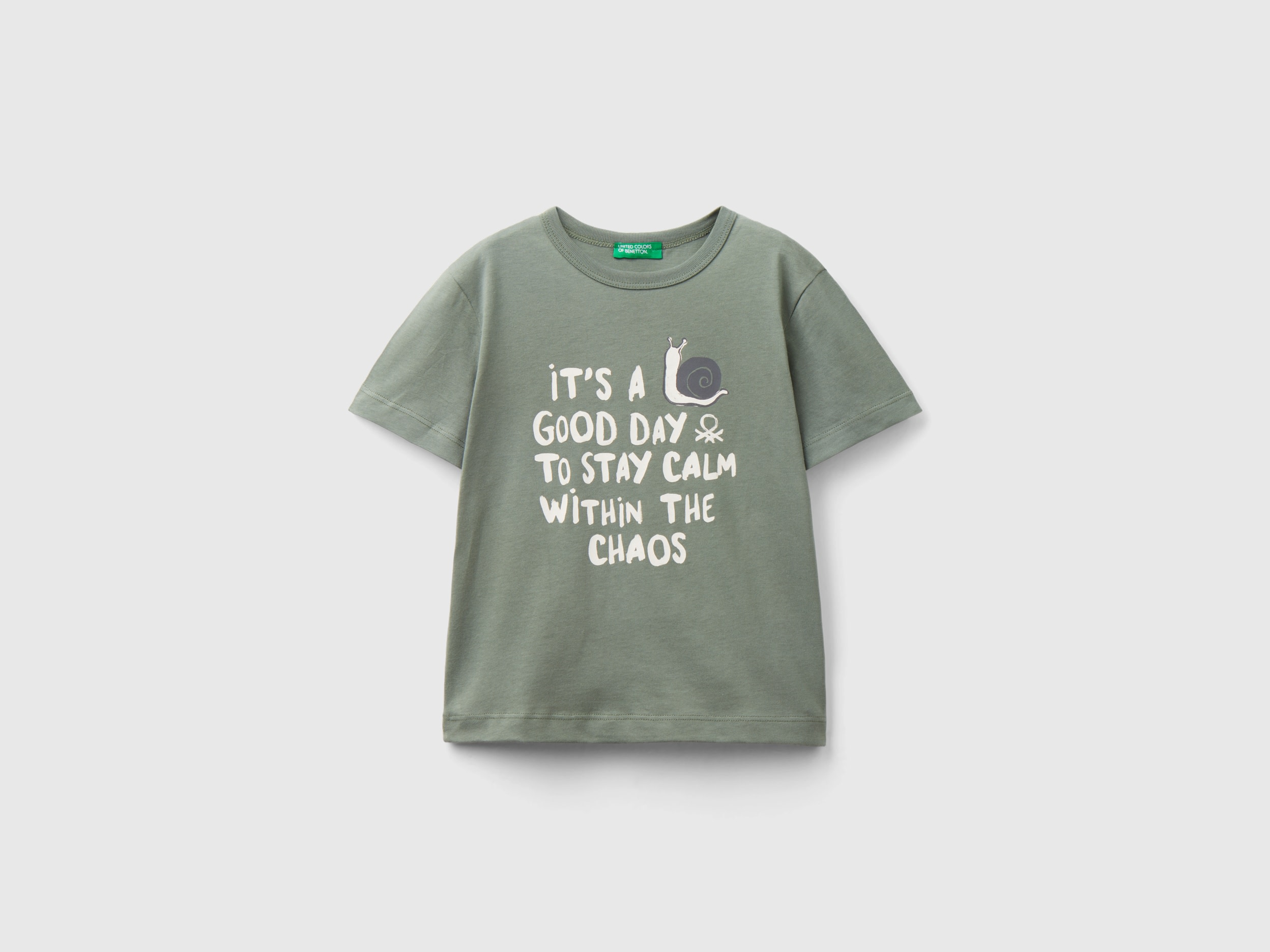 Image of Benetton, T-shirt In Organic Cotton With Print, size 116, Military Green, Kids