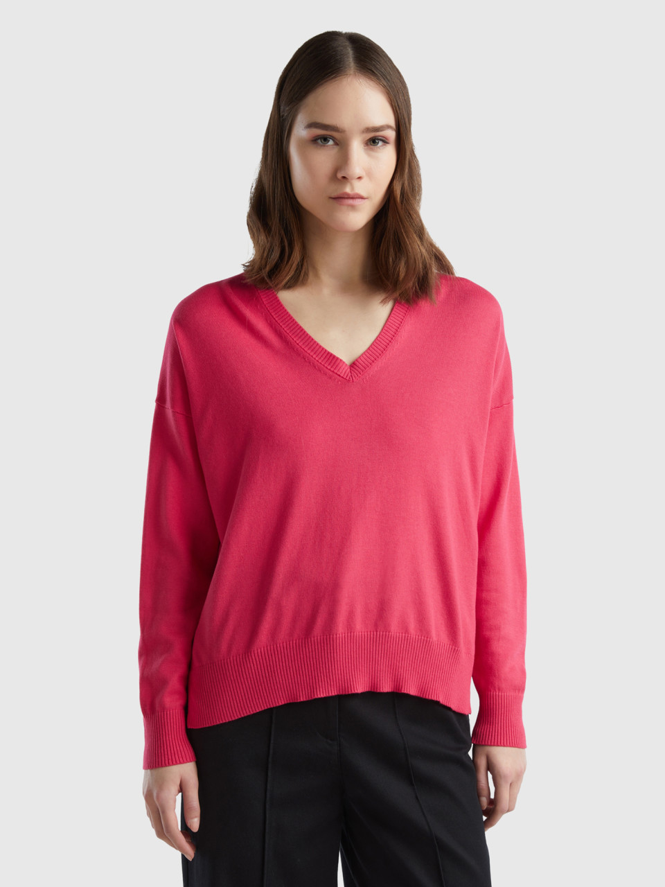 Benetton, V-neck Sweater In Modal® Blend, Fuchsia, Women