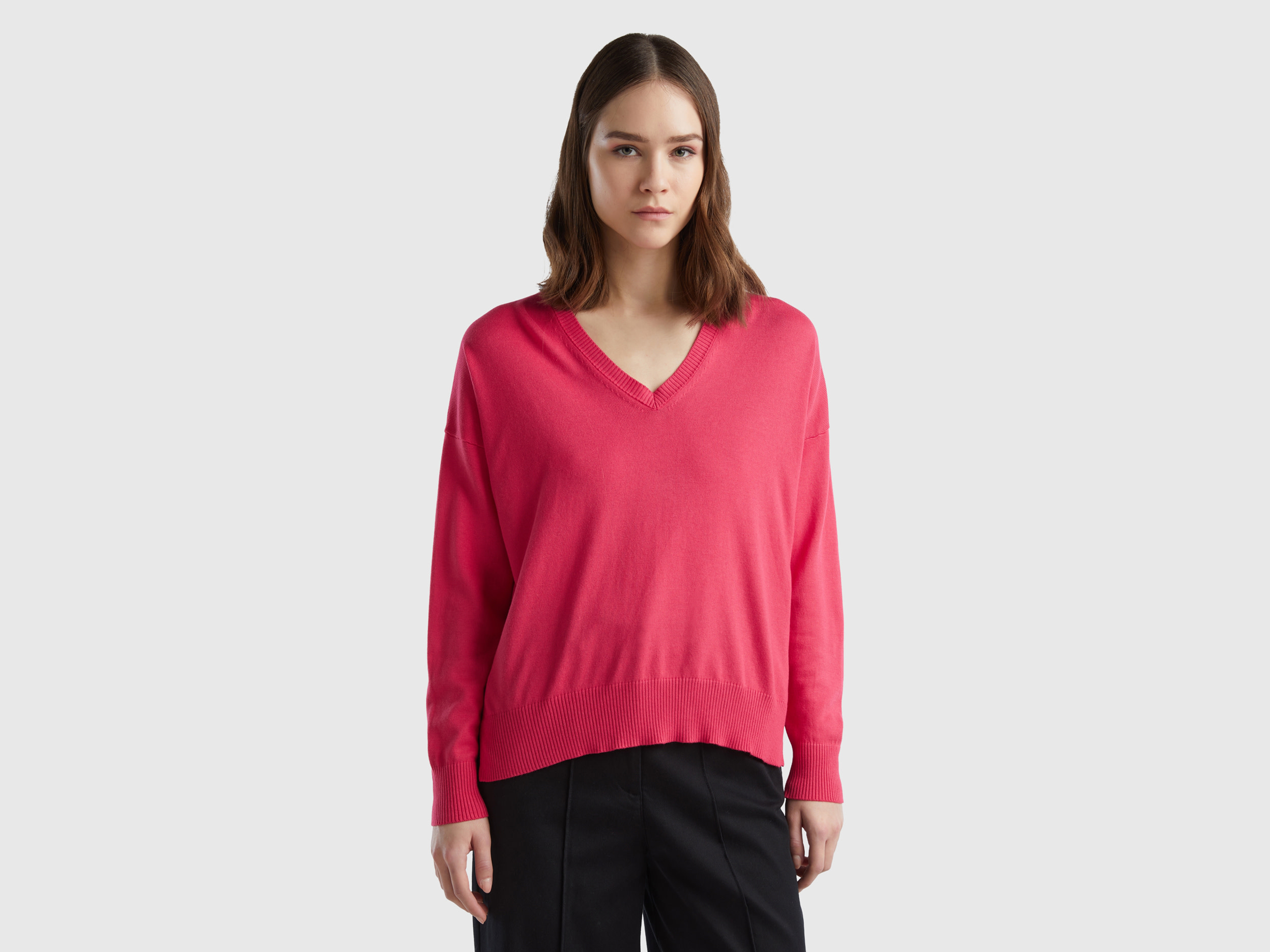 Benetton, Maglia Scollo A V In Misto Modal®, Fucsia, Donna