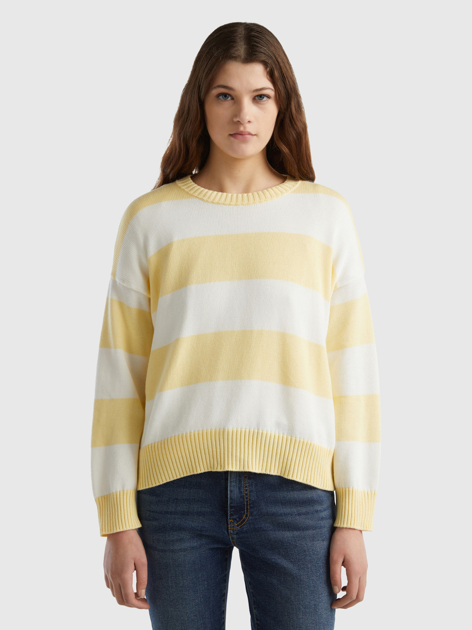 Benetton, Striped Sweater In Tricot Cotton, Yellow, Women