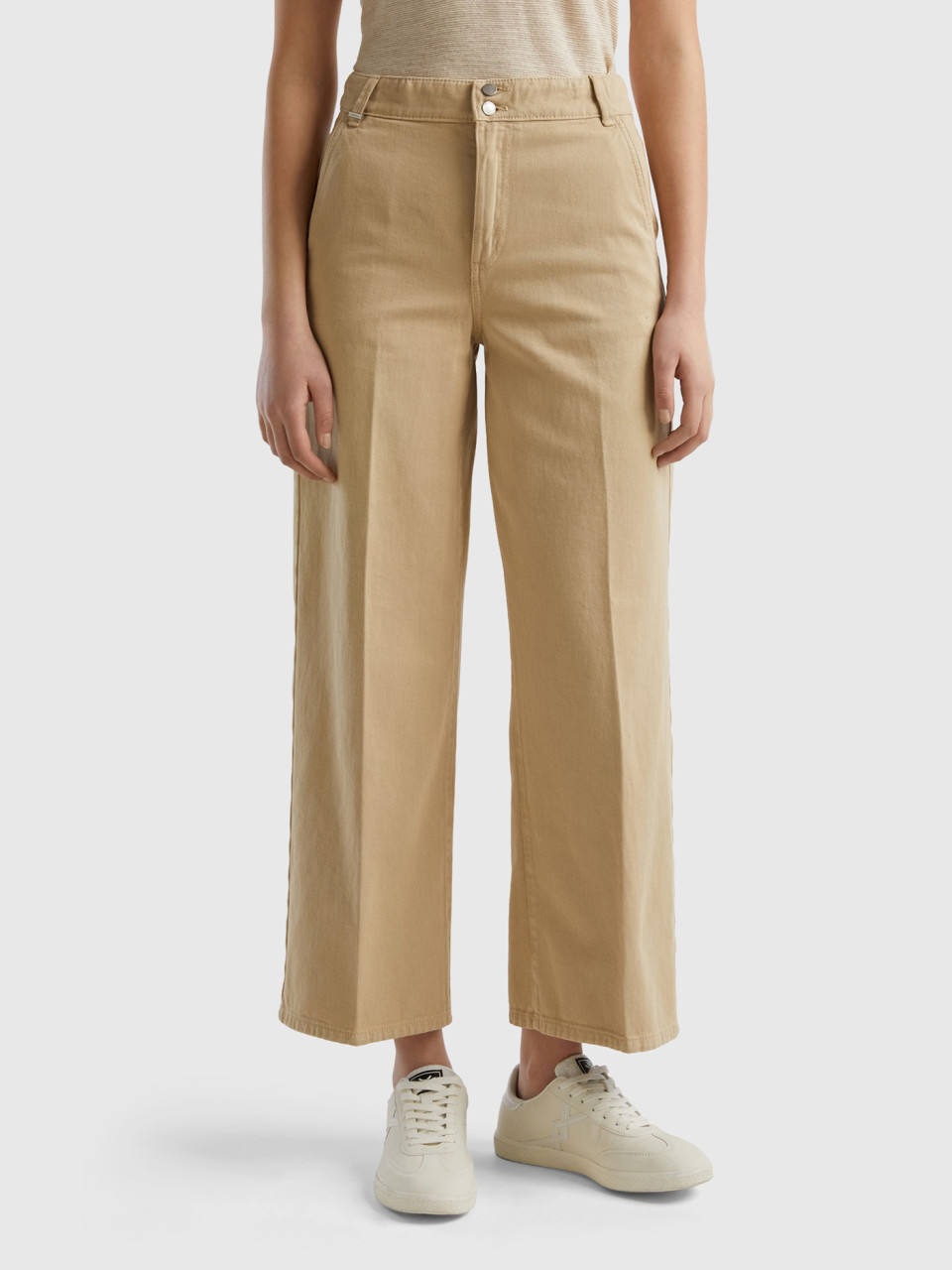 Benetton, High-waisted Trousers With Wide Leg, Camel, Women