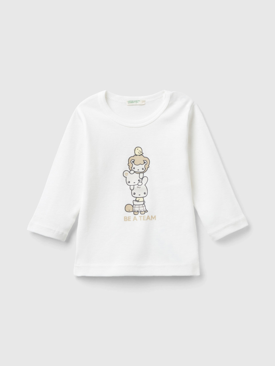 Benetton, T-shirt À Manches Longues En 100 % Coton Bio, Blanc, Enfants