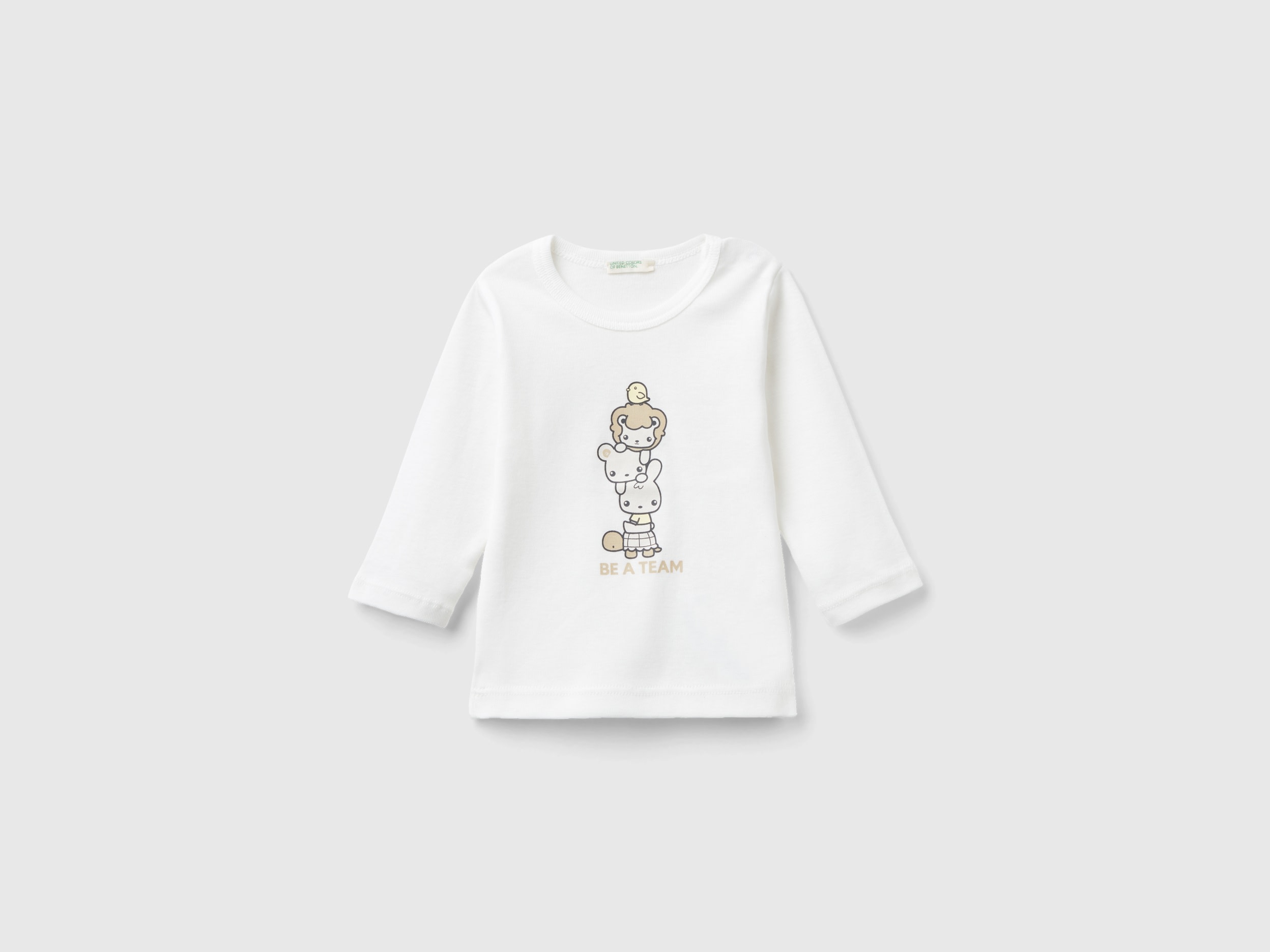Image of Benetton, Long Sleeve 100% Organic Cotton T-shirt, size 82, White, Kids