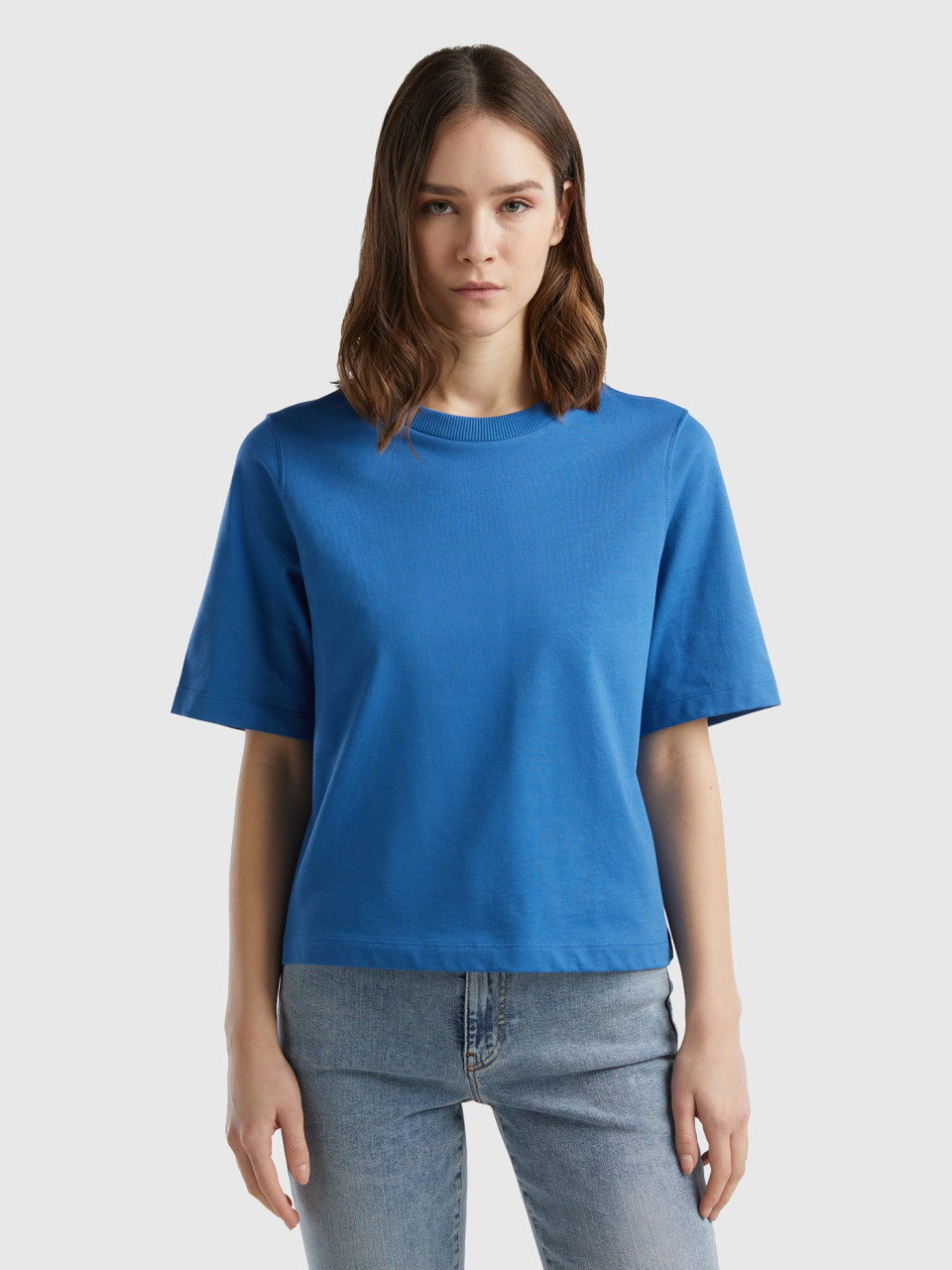 Benetton, Camiseta Boxy Fit De 100 % Algodón, Azul, Mujer