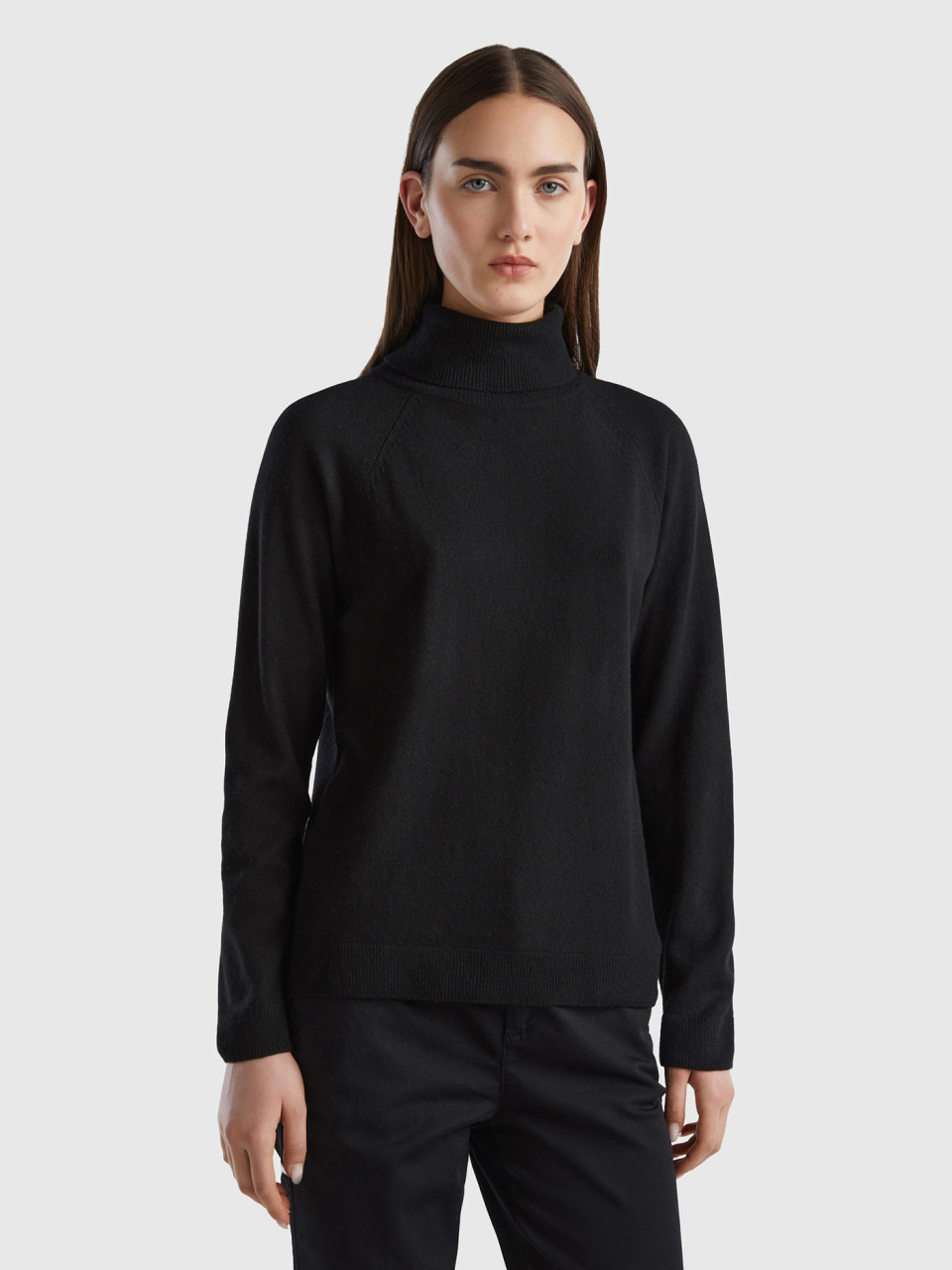 Benetton, Black Turtleneck Sweater In Cashmere And Wool Blend, Black, Women