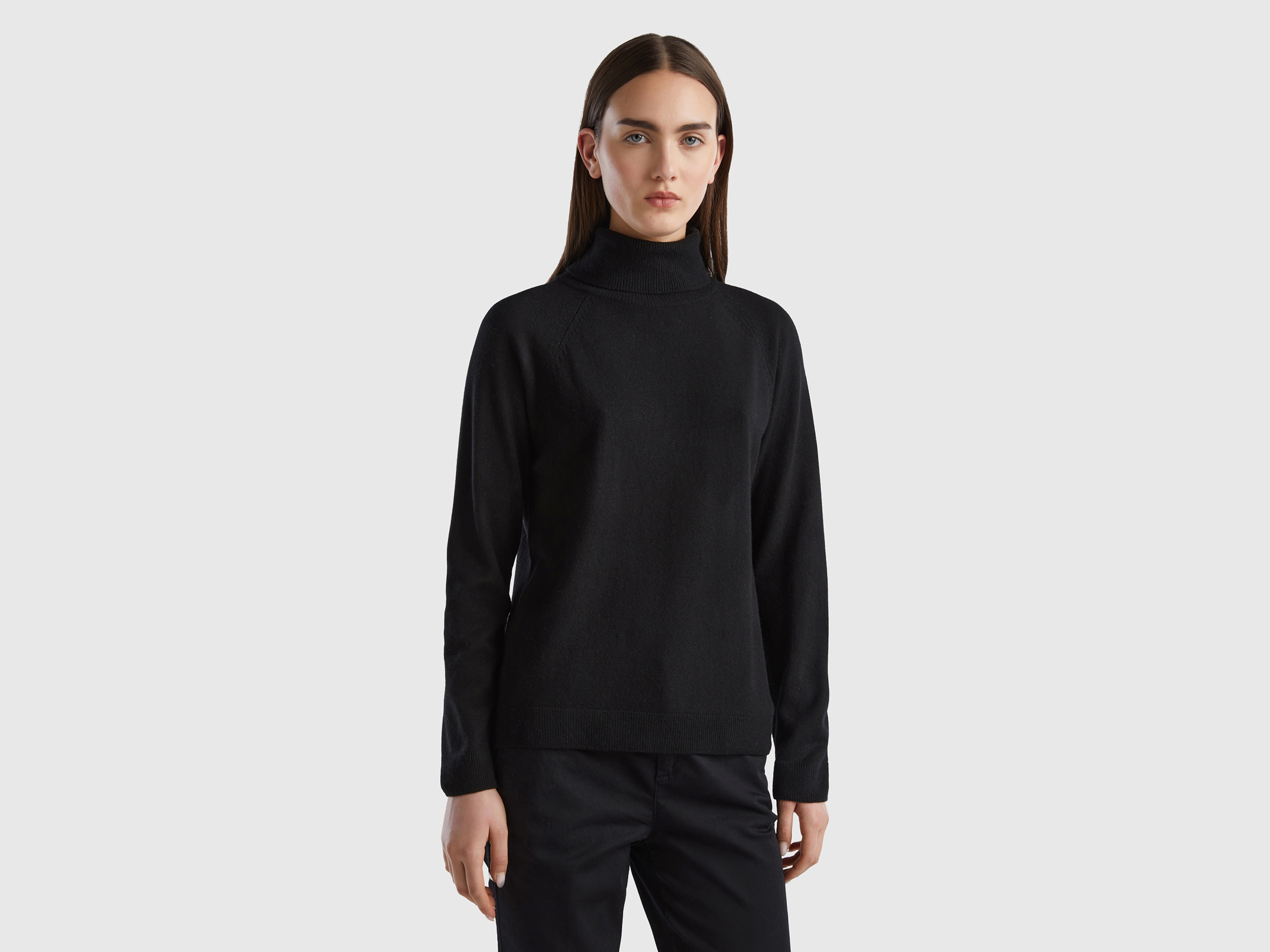 Benetton, Black Turtleneck Sweater In Cashmere And Wool Blend, size S, Black, Women