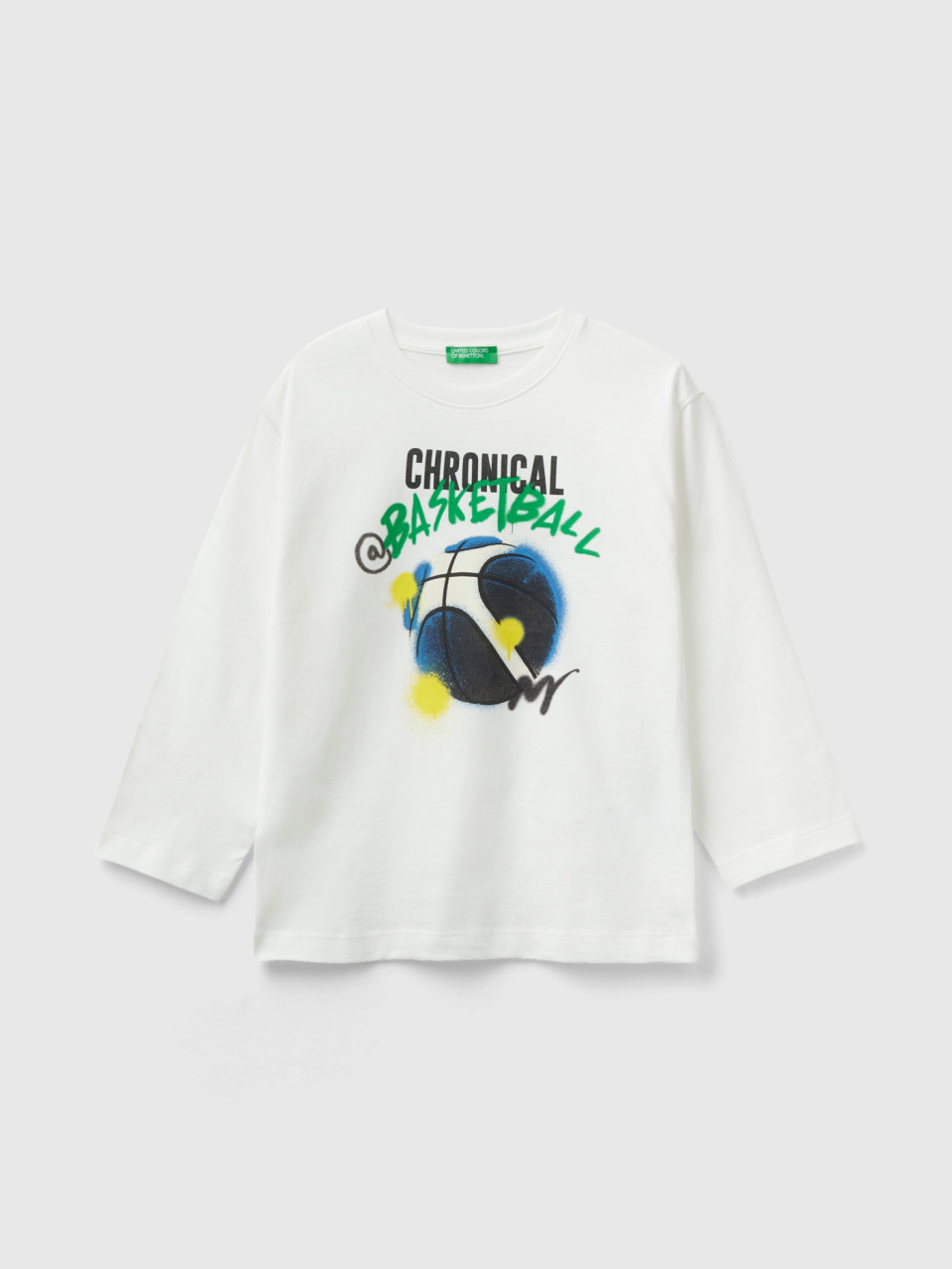 Benetton, T-shirt À Col Rond Avec Imprimé, Crème, Enfants