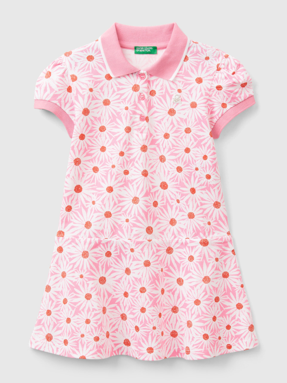 Benetton, Light Pink Polo-style Dress With Floral Print, Soft Pink, Kids