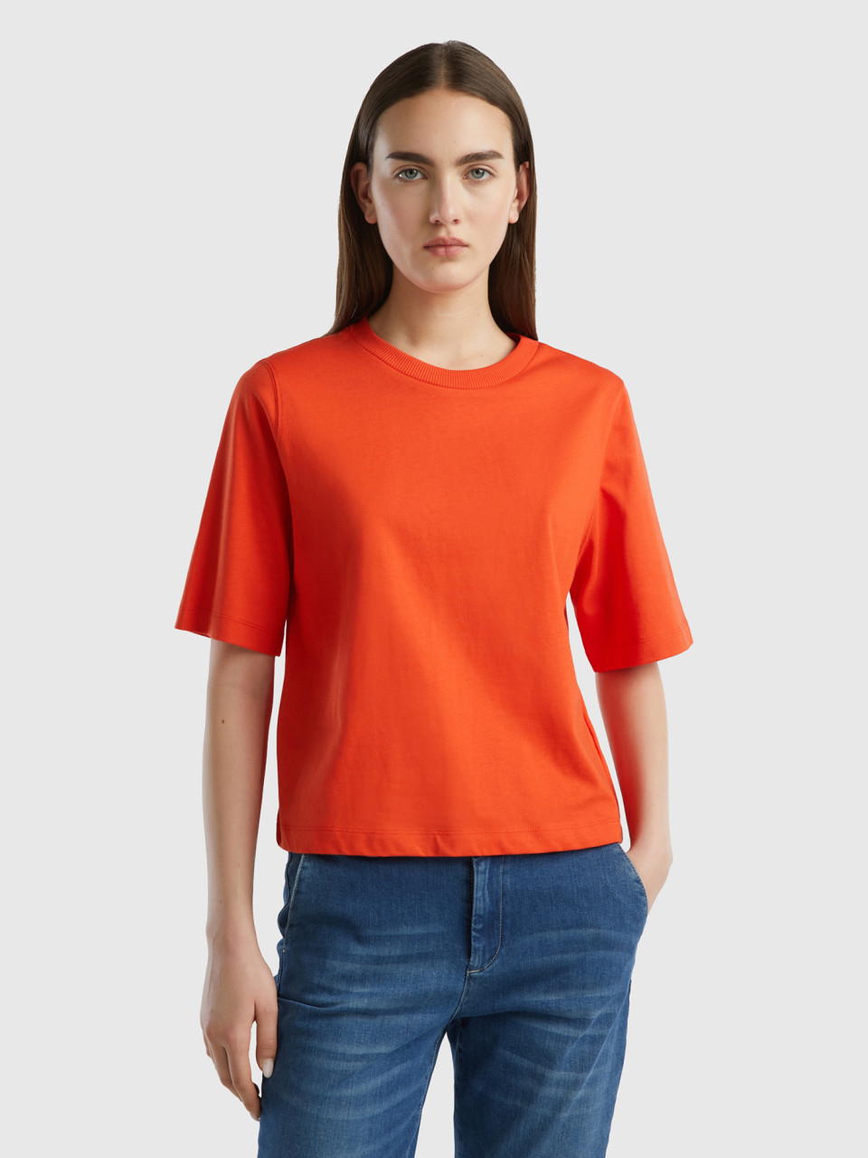 Benetton, Camiseta Boxy Fit De 100 % Algodón, Rojo, Mujer