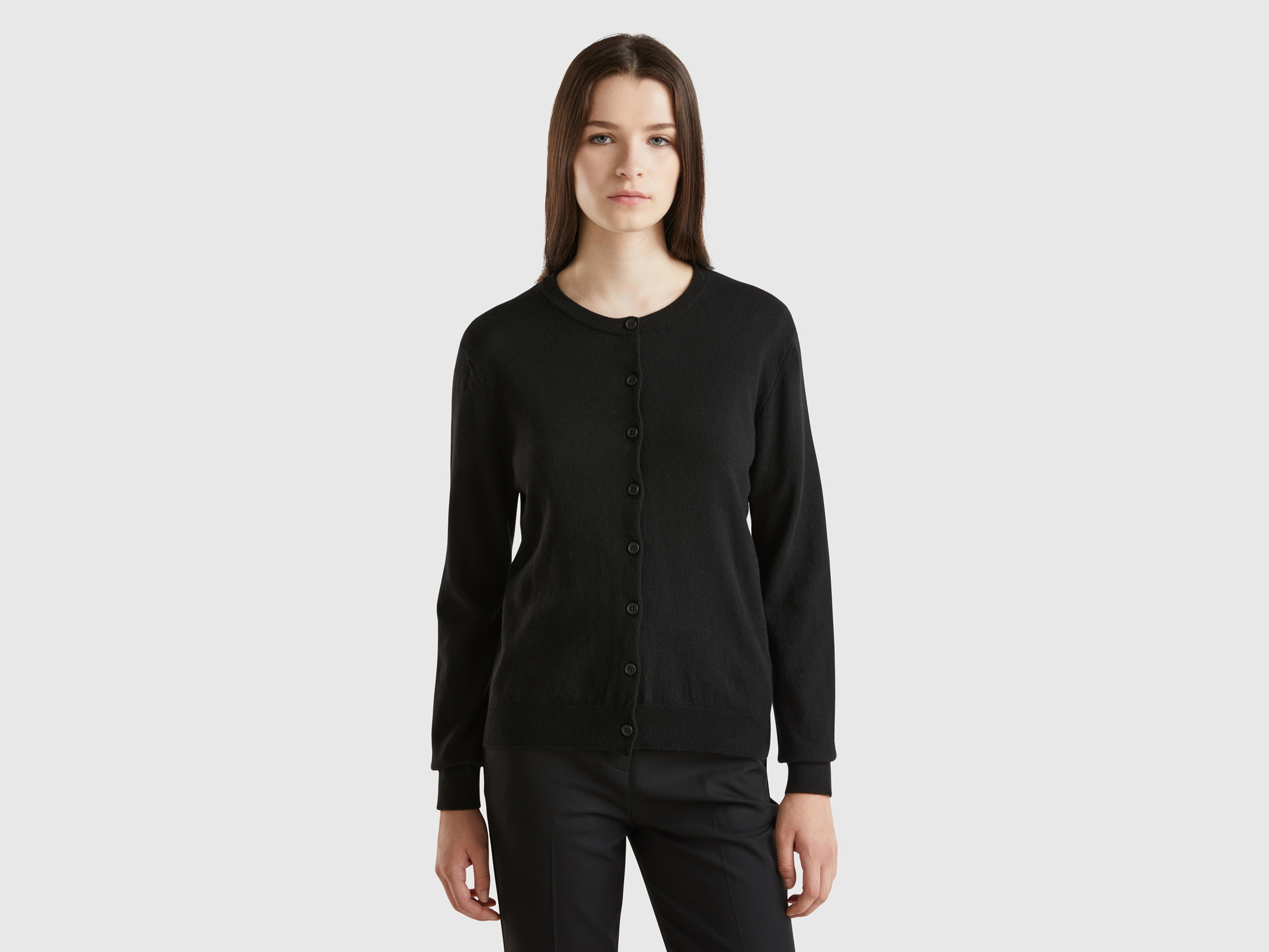 Benetton, Cardigan Nero In Misto Lana E Cashmere, Nero, Donna