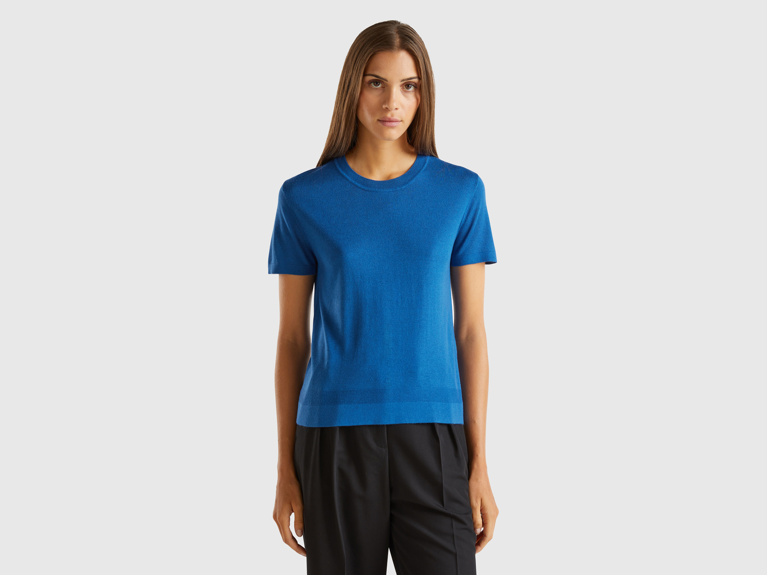 Benetton, Maglia Manica Corta In Misto Seta, Avio, Donna