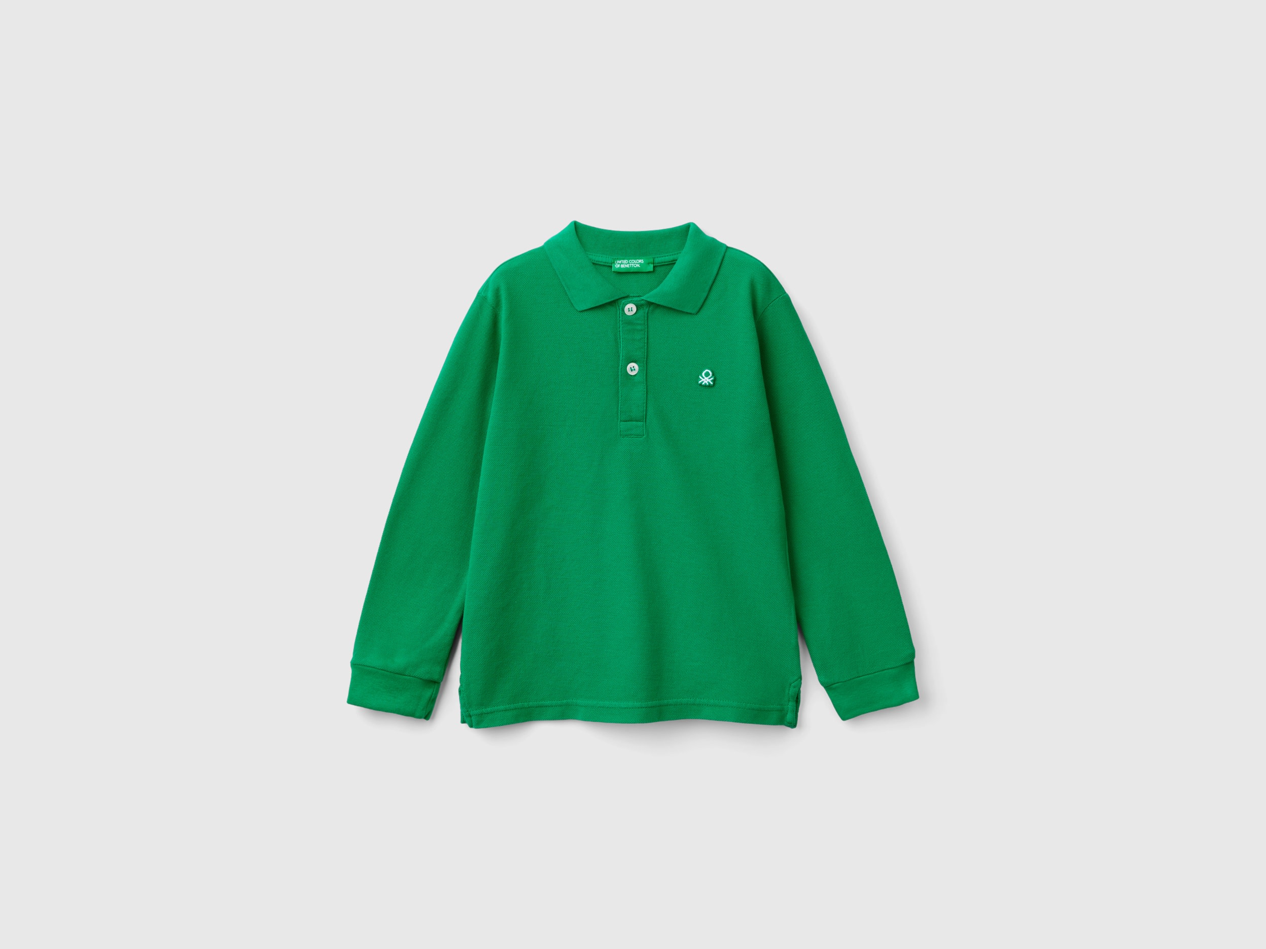 Benetton, Polo Manica Lunga In Cotone Biologico, Verde, Bambini