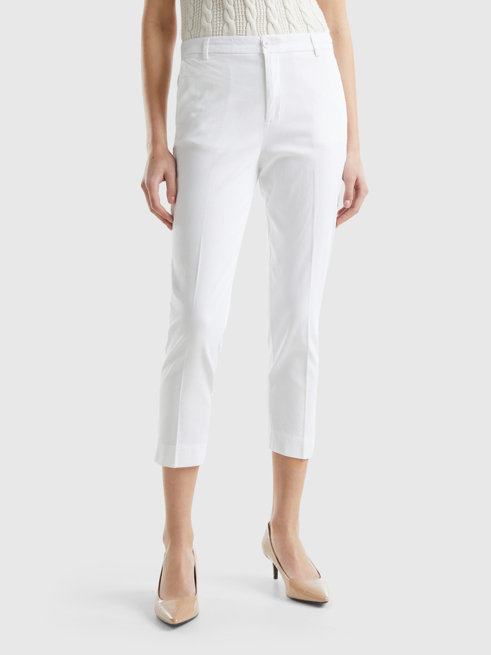 Benetton, Pantalones Chinos Cropped De Algodón Elástico, Blanco, Mujer
