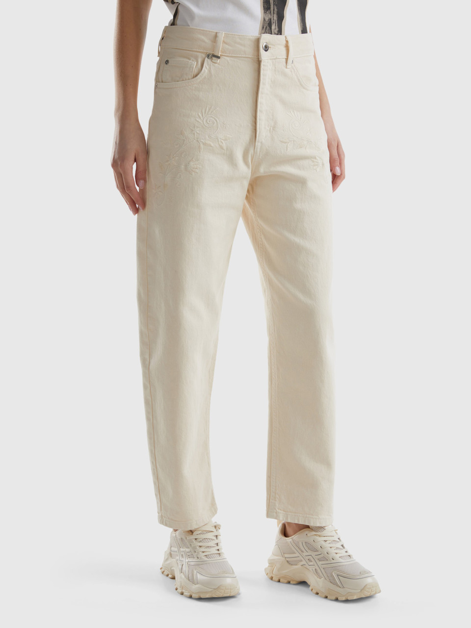 Benetton, Carrot Fit Trousers With Floral Embroidery, Creamy White, Women