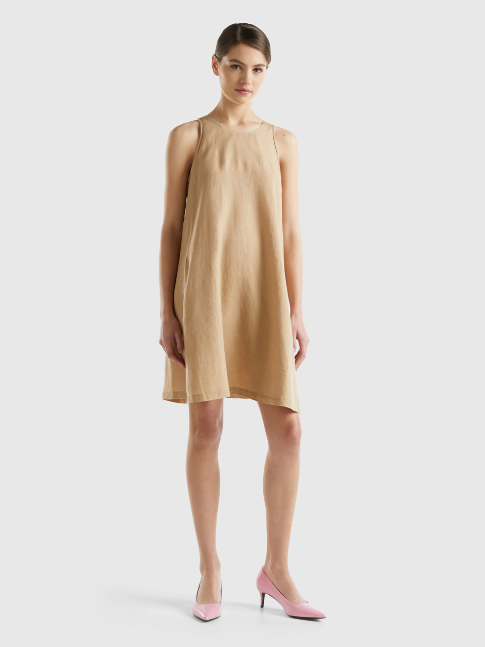 Benetton, Sleeveless Dress In Pure Linen, Camel, Women