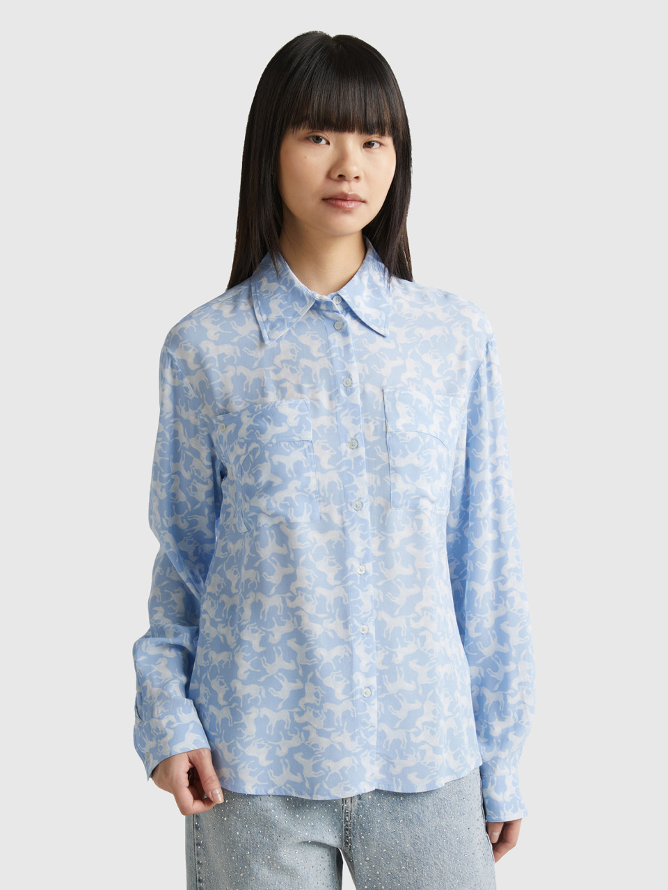 Benetton, Shirt With Horse Print, Sky Blue, Women