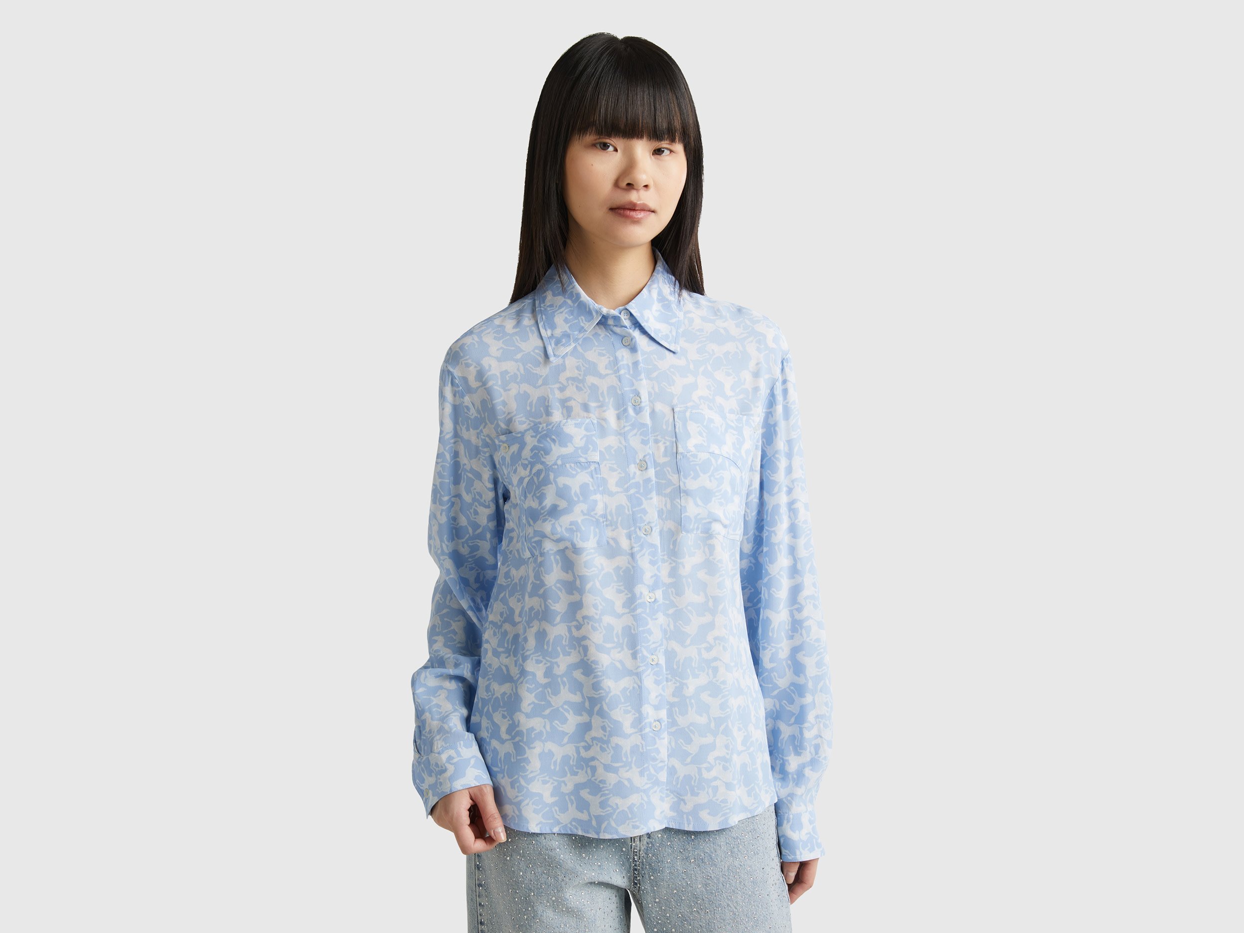 Benetton, Shirt With Horse Print, size M, Sky Blue, Women