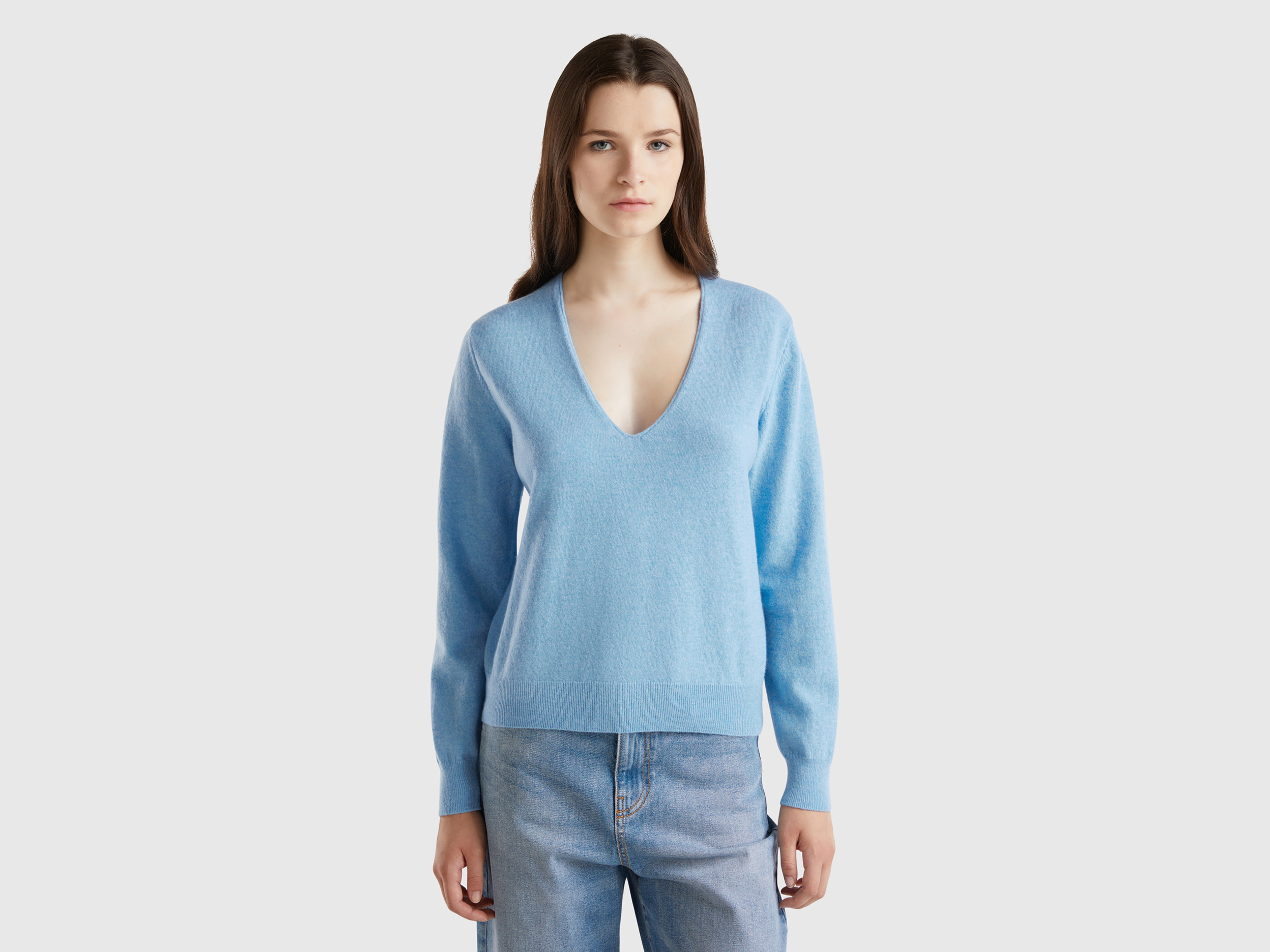 Benetton, Maglione Azzurro Mélange Con Scollo A V In Pura Lana Merino, Azzurro, Donna