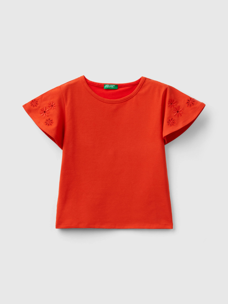 Benetton, Camiseta Con Bordados De Flores, Rojo, Niños