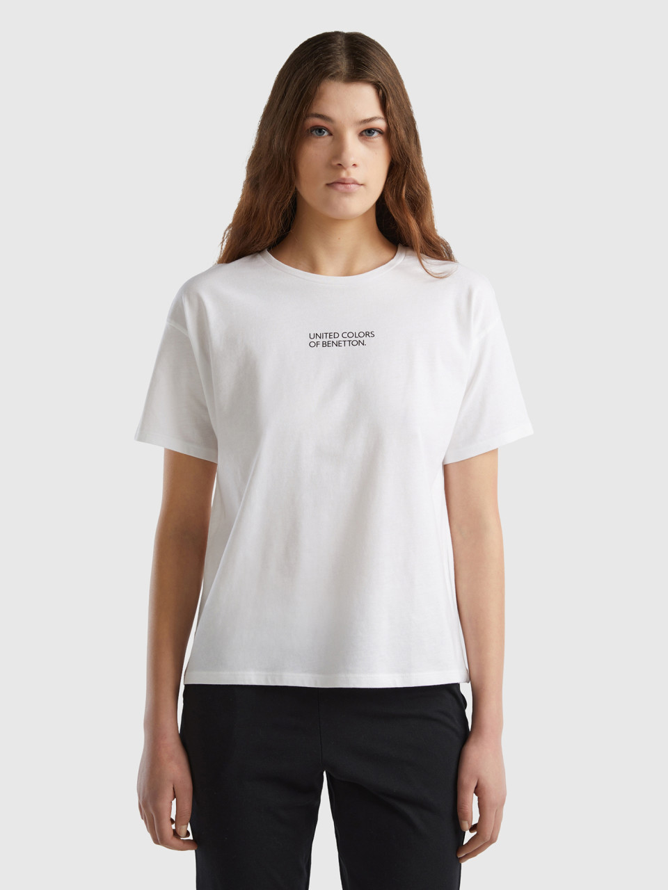 Benetton, T-shirt Manica Corta Con Logo, Bianco, Donna