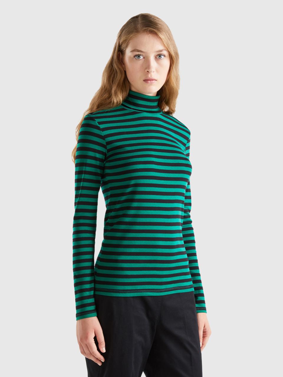 Benetton, Striped Turtleneck T-shirt, Green, Women