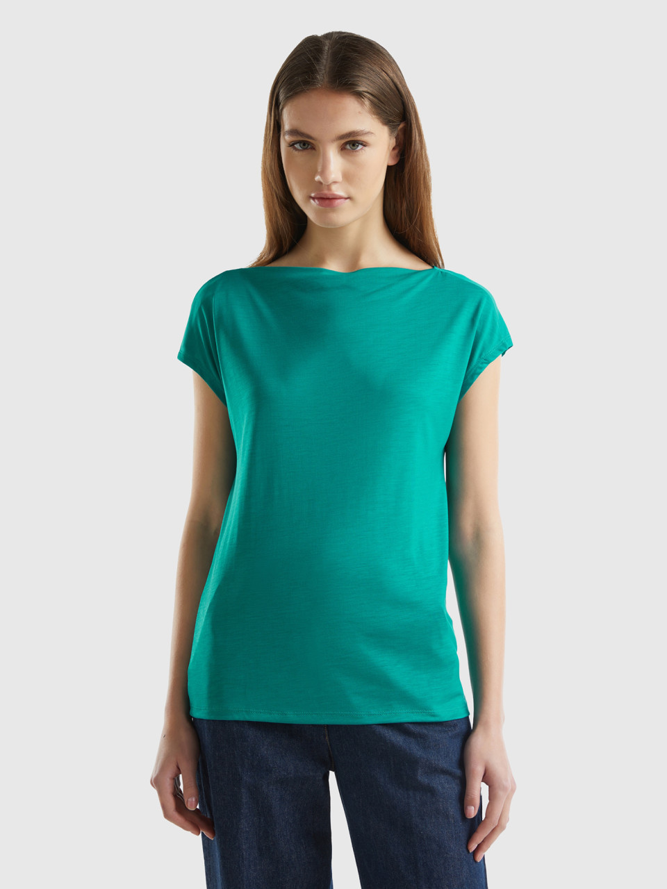 Benetton, Camiseta De Manga Corta De Viscosa Sostenible, Verde Petróleo, Mujer