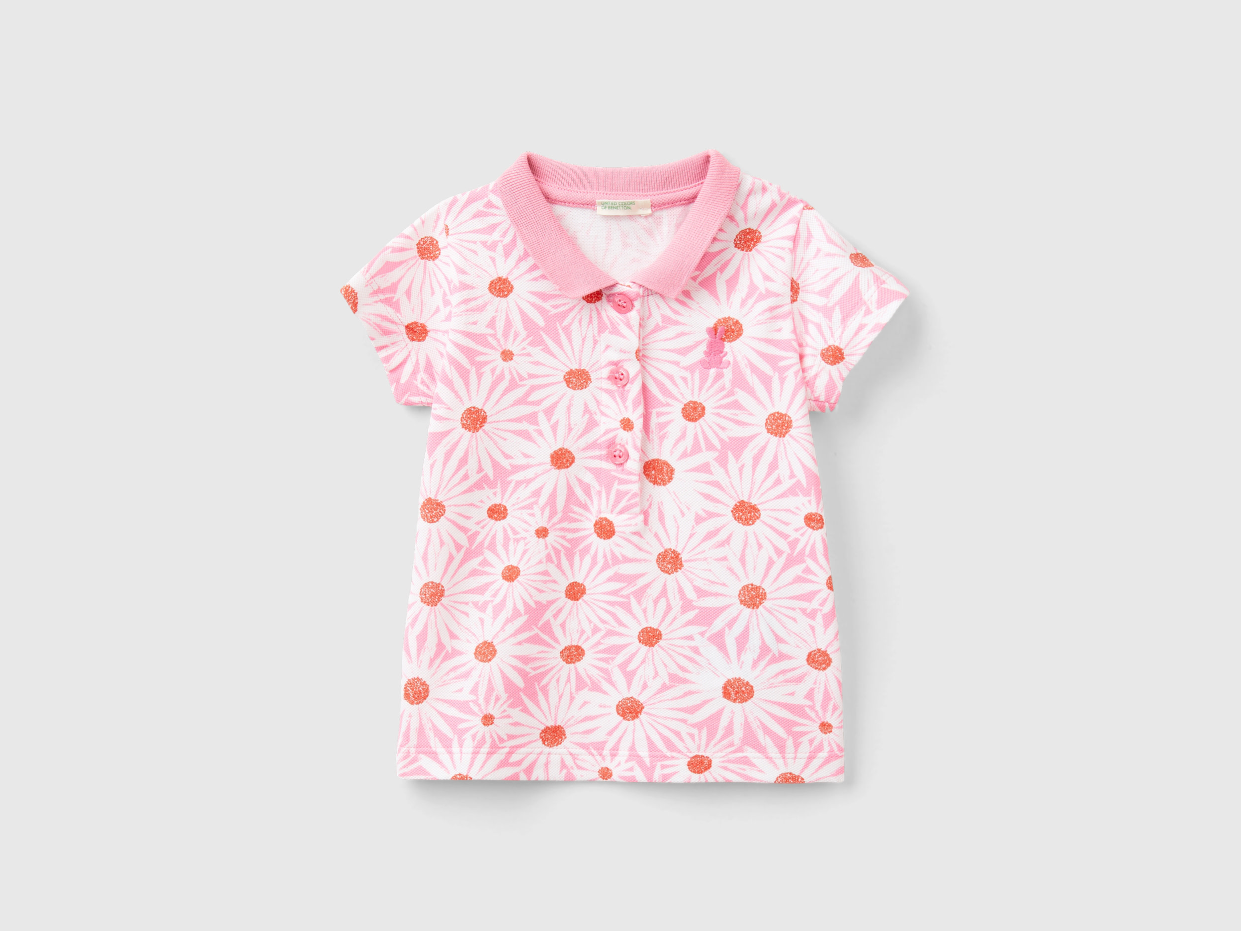 Benetton, Polo Con Stampa Floreale, Rosa Tenue, Bambini