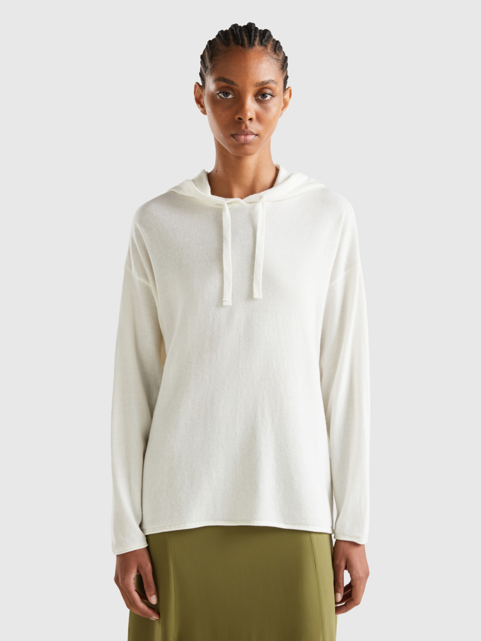 Benetton, Cream White Cashmere Blend Sweater With Hood, Creamy White, Women