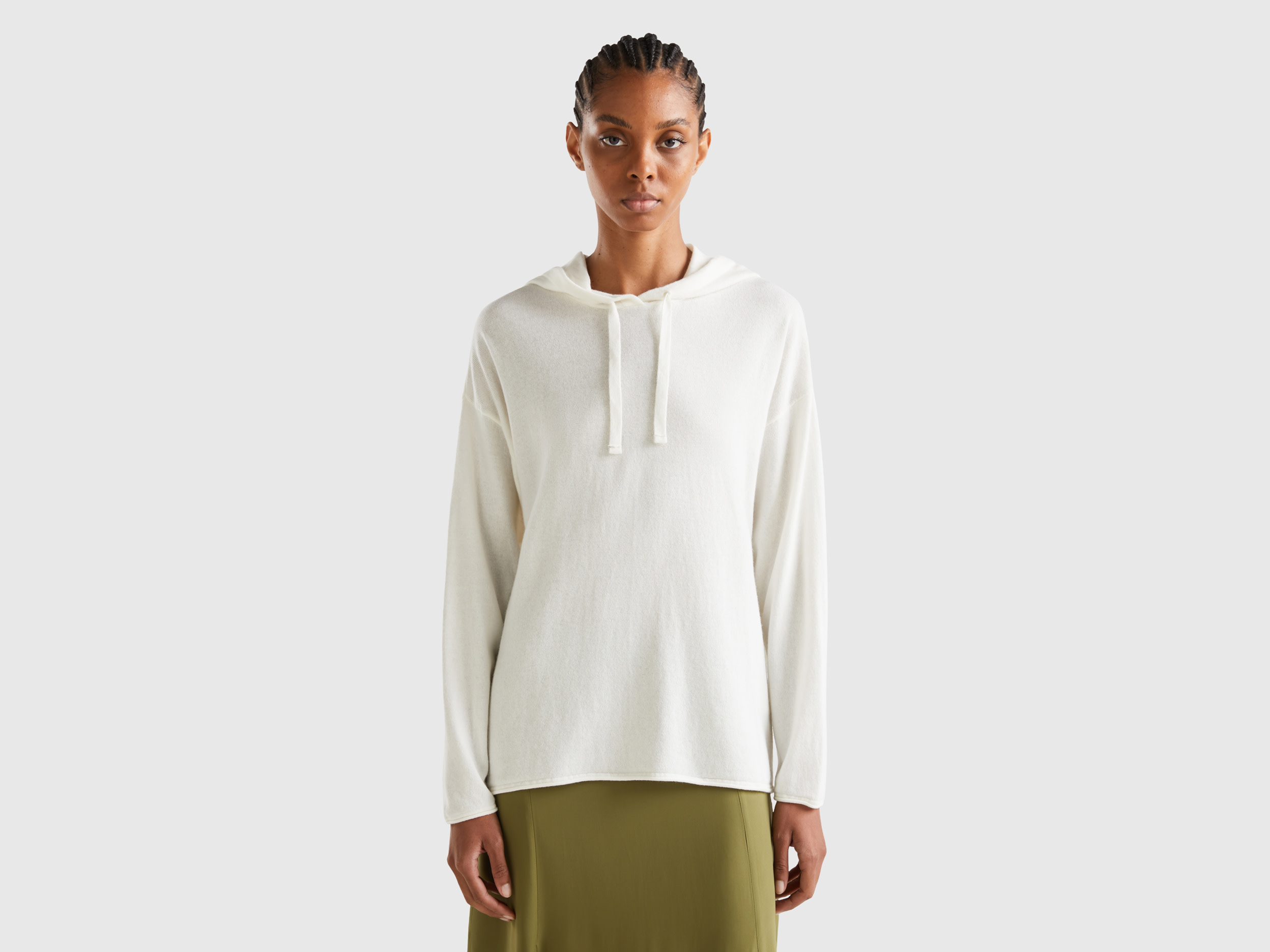 Benetton, Cream White Cashmere Blend Sweater With Hood, size S, Creamy White, Women