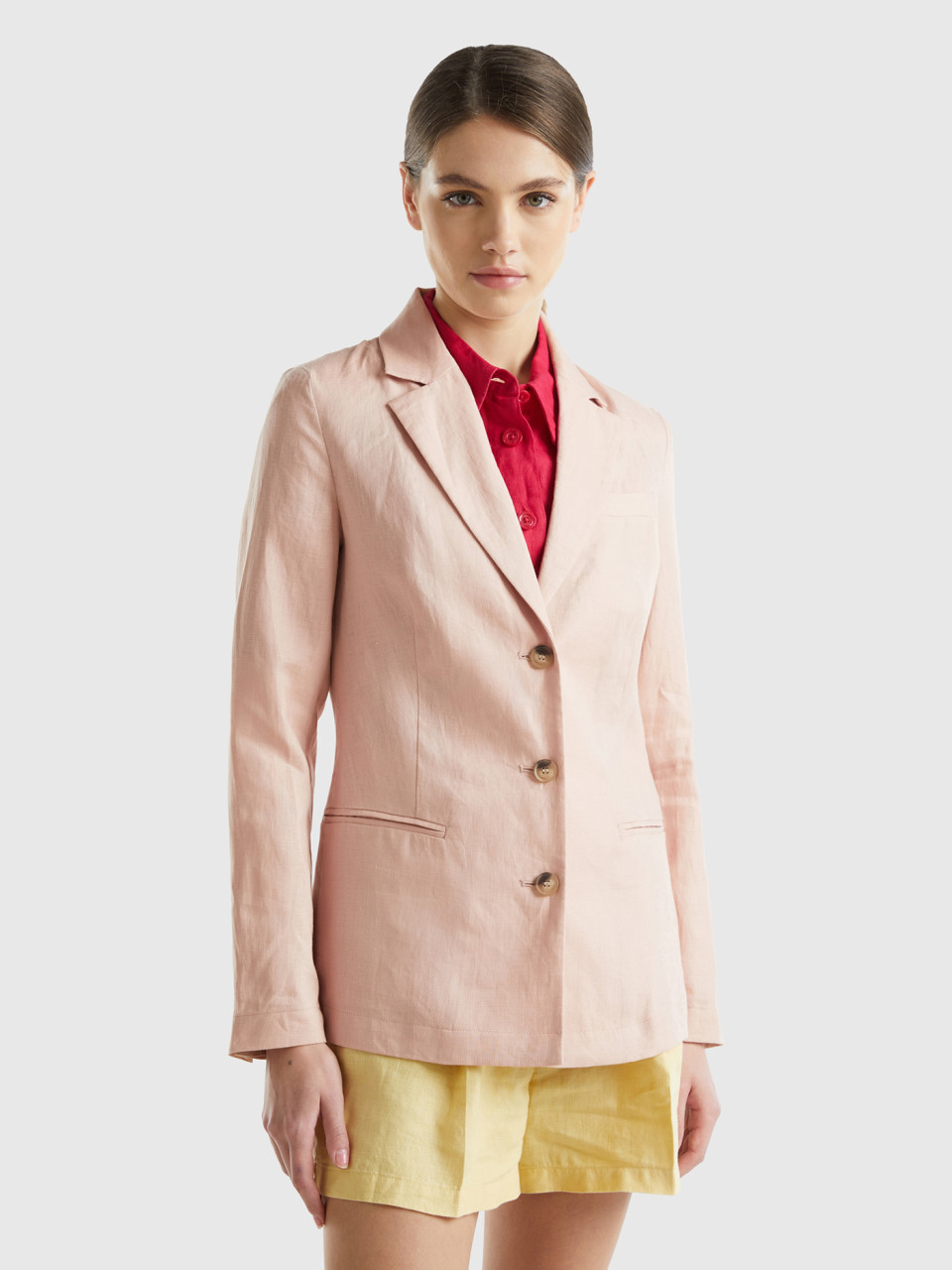 Benetton, Blazer In Pure Linen, Soft Pink, Women
