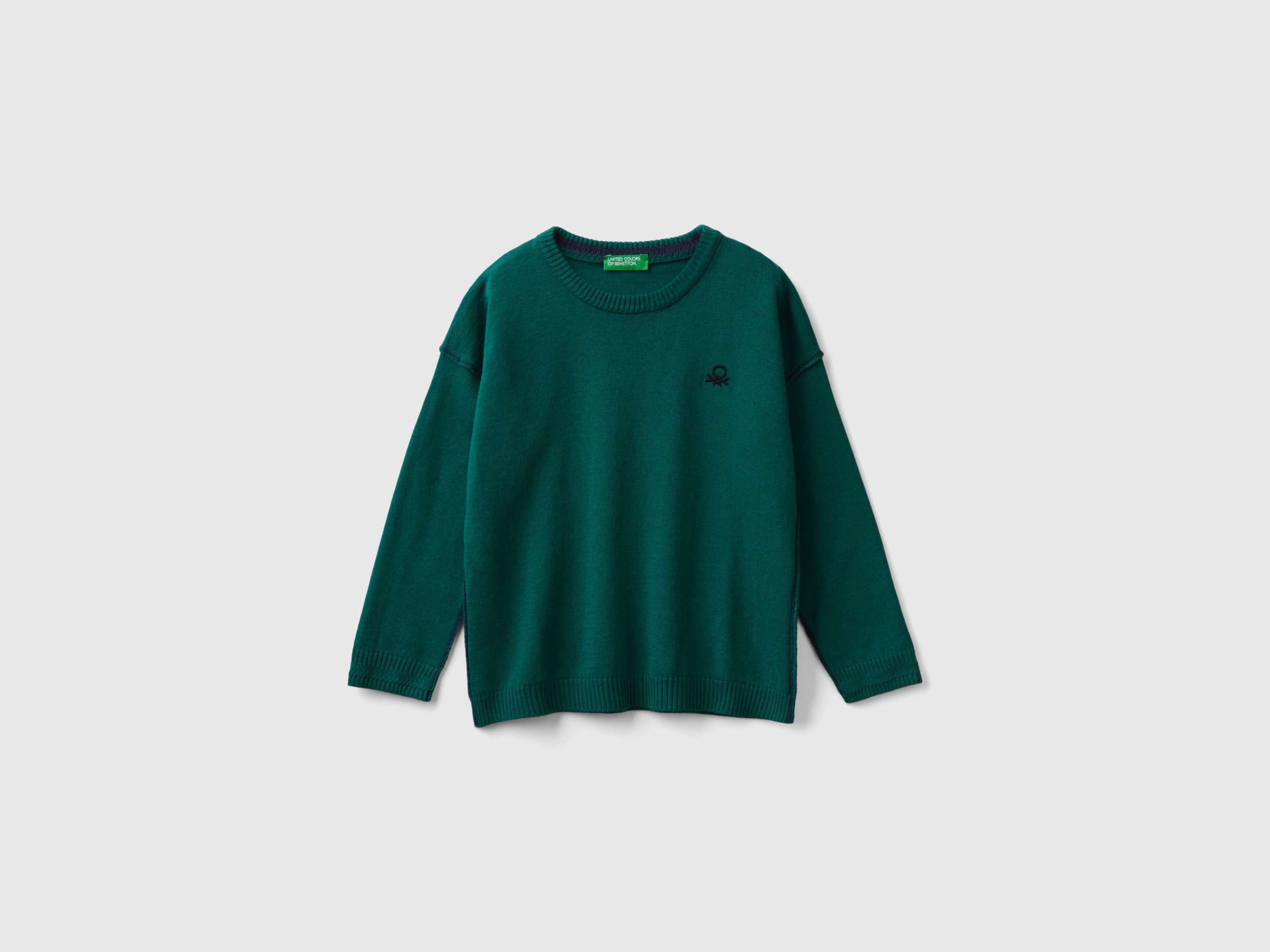 Benetton, Maglia Girocollo Con Ricamo, Verde Scuro, Bambini